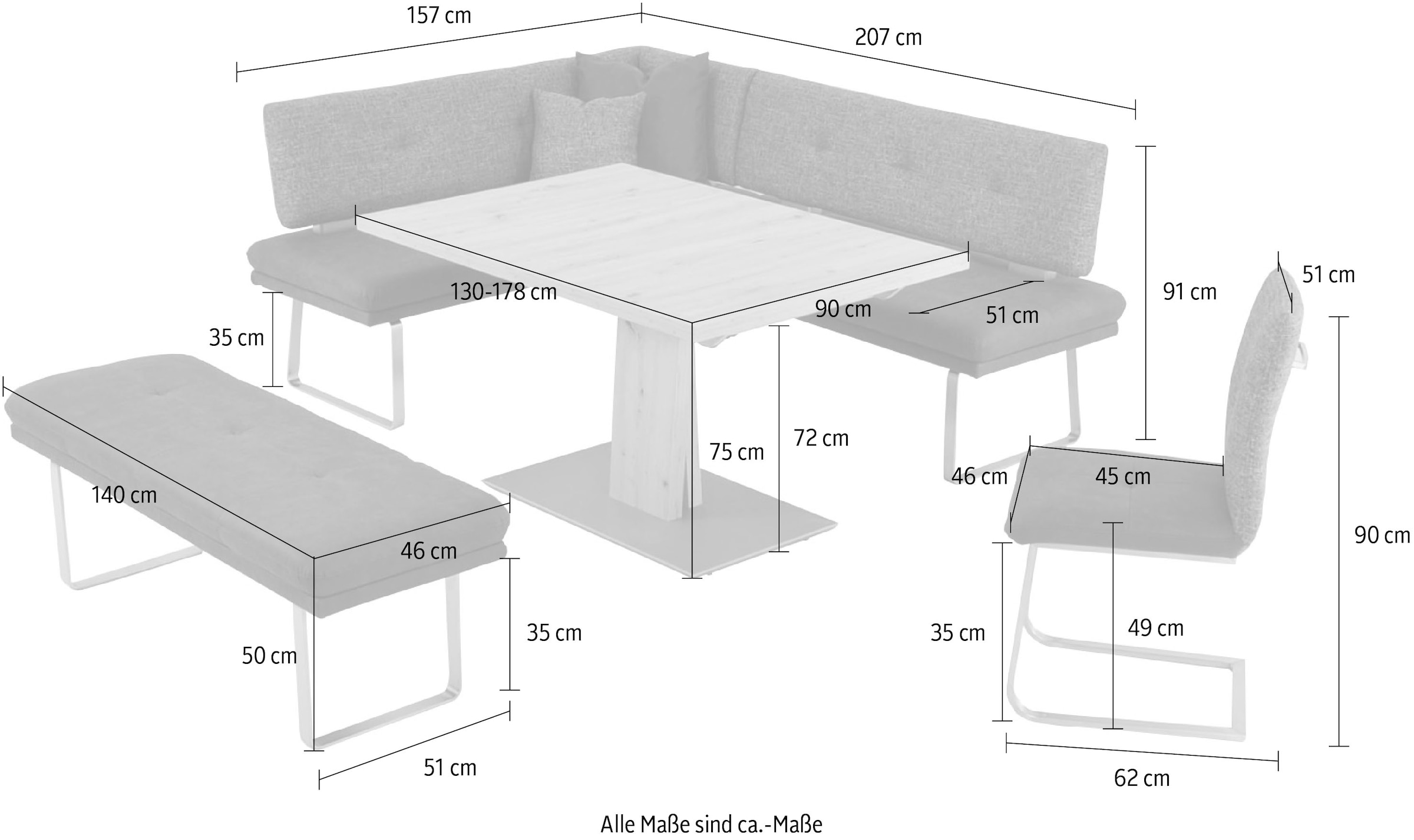 K+W Komfort & Wohnen 1100000002199 »Giacomo II« 4 Stk. tlg. wahlweise rechts oder links, langer Schenkel 207cm, 1 Freischwinger