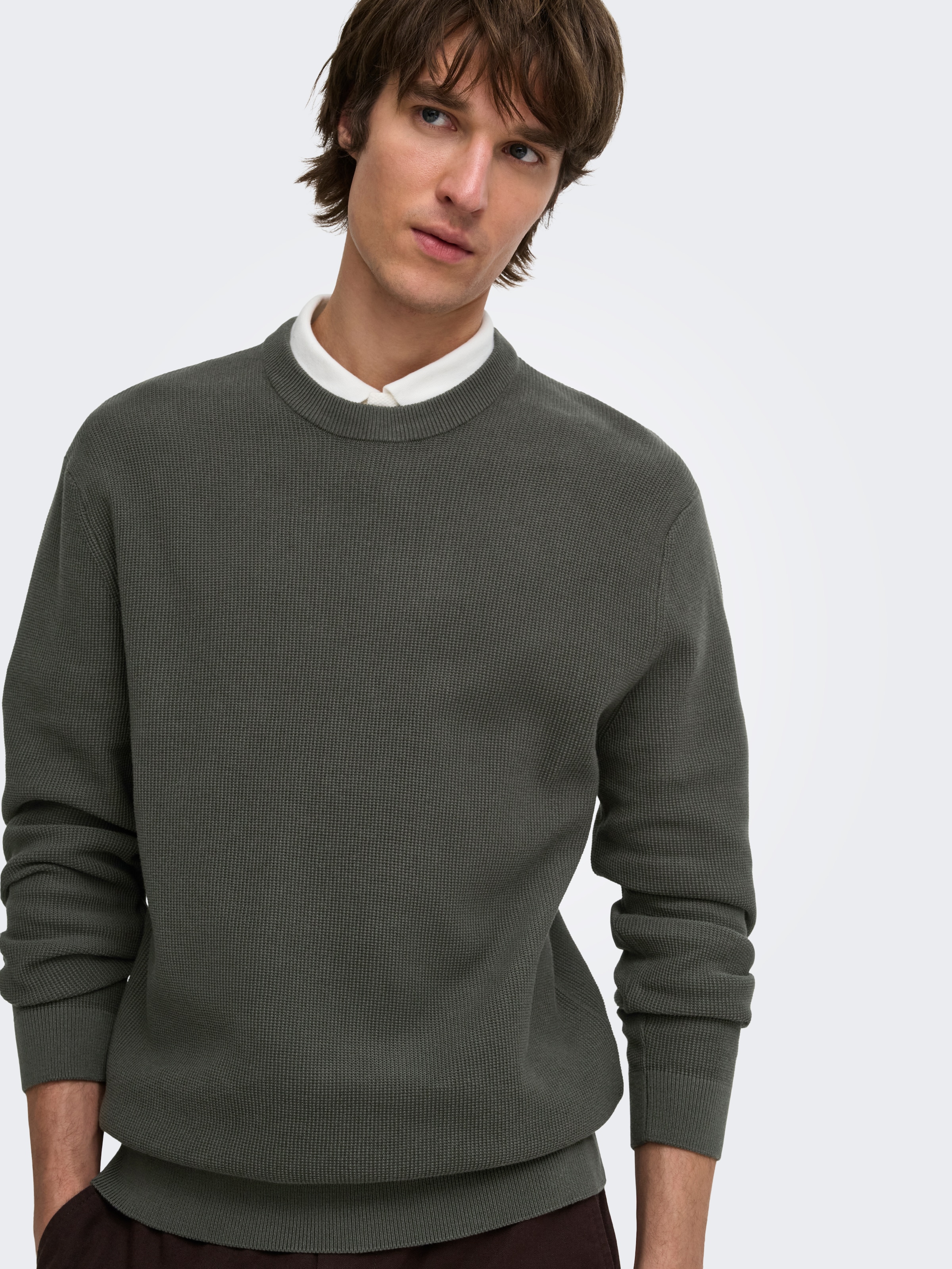 ONLY & SONS Pull à col rond »ONSTONY DS 12 LS WAFFLE CREW KNIT« coton, coupe décontractée