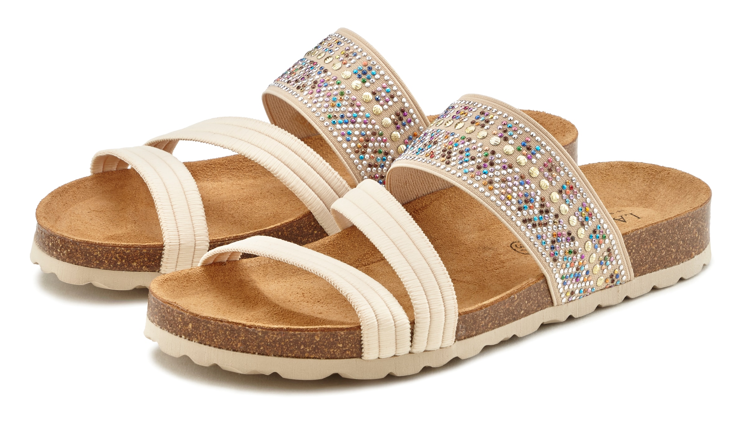 LASCANA Pantolette »Mule, Sandale, offener Schuh, Sommerschuh,«, mit Komfortkorkfussbett aus Leder und elastischen Riemen