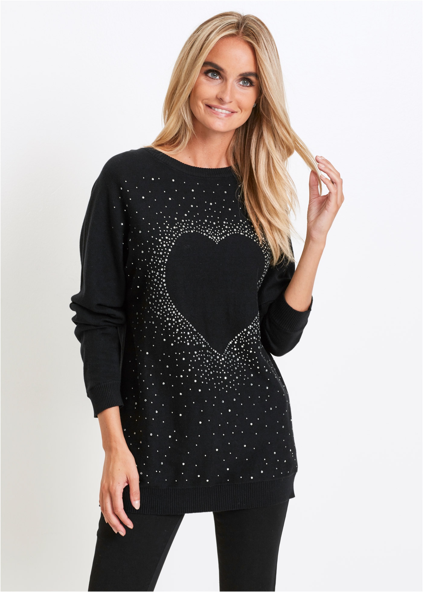 Image of bonprix Longpullover "Long-Pullover aus Baumwoll-Mix" aus Baumwoll-Mix, mit Fledermausärmeln, mit Glitzersteinchen