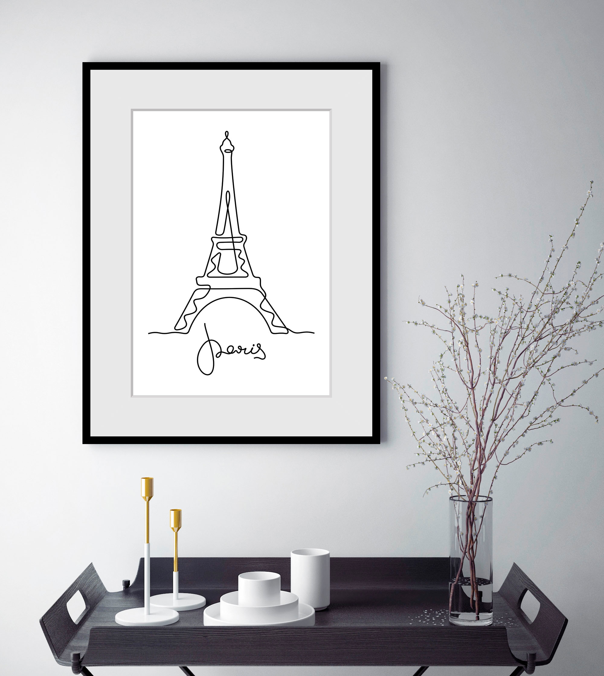 Image of queence Bild "Stadt der Liebe" Frankreich Gebäude Kunst Paris Schriftzug Schwarz-Weiss 1 Stk. tlg. HD Premium Poster-Druck inkl. Holzrahmen