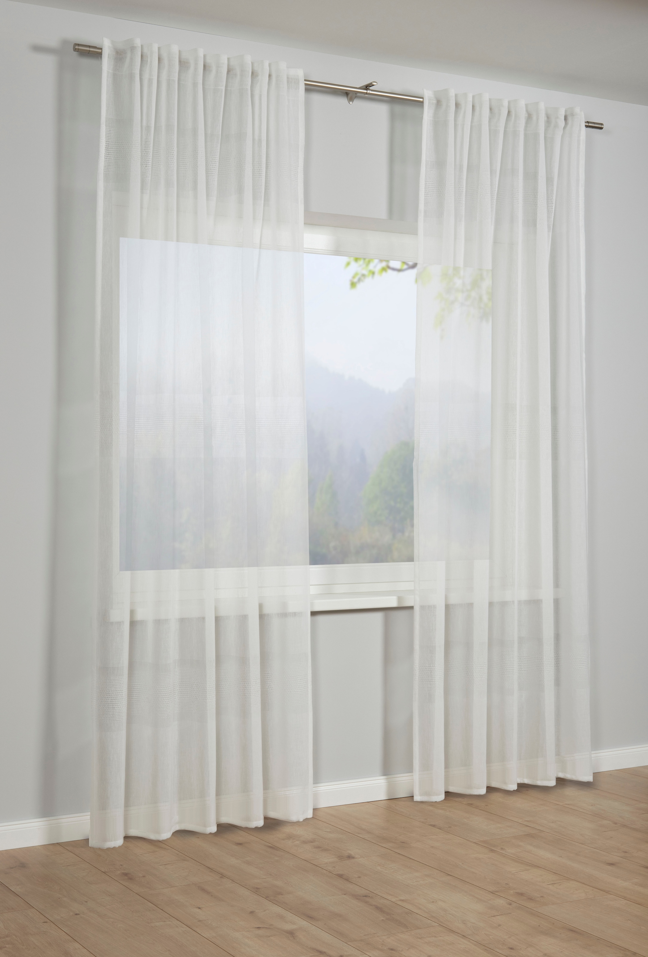 Image of Sehlbach Gardine "Schal Etamine Querstreifen" Schlaufen 1 Stk. tlg. mit Gardinenband und verdeckten Schlaufen