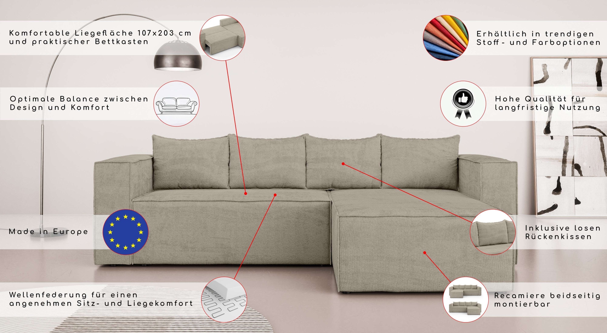 INOSIGN Ecksofa »LINCOLNVILLE mit Bettfunktion und Bettkasten, Masse B/H/T 244/76/150 cm«, L-Form mit Wellenunterfederung, Recamiere beidseitig montierbar