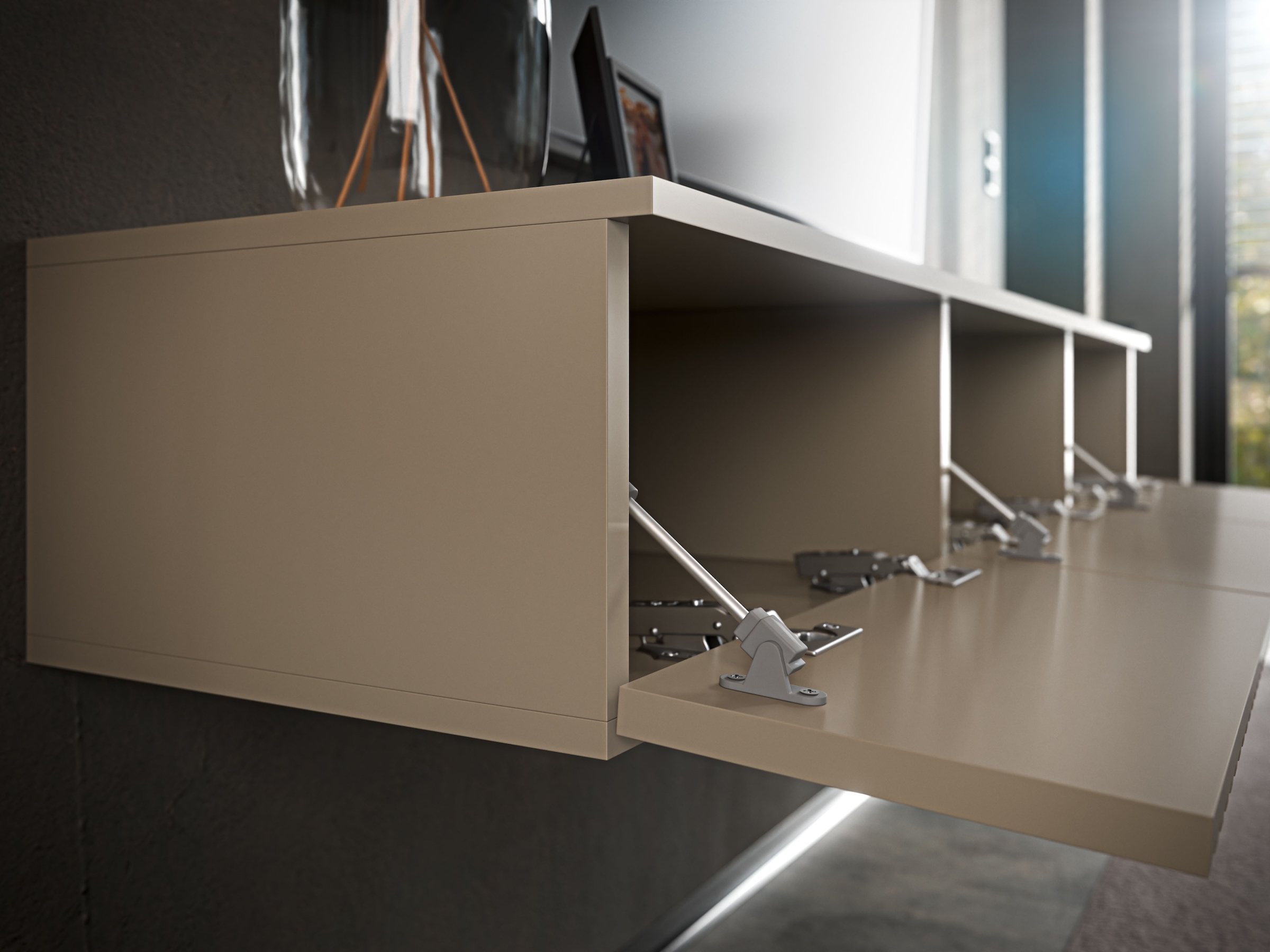 HBZ Table basse »Lowboard Lanai, hängend, mit moderner Rillenoptik« 1 cuis tlg. Largeur 200cm, revêtement mélaminé, ouverture par pression