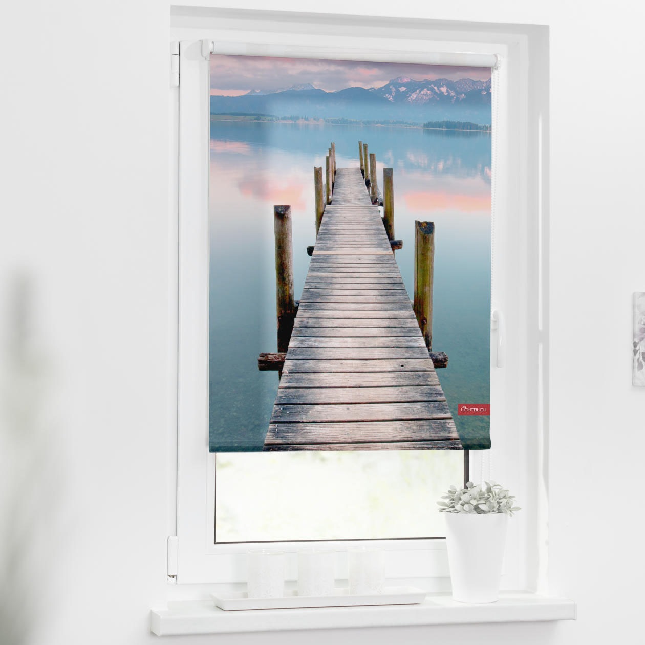 Image of LICHTBLICK ORIGINAL Seitenzugrollo »Rollo Klemmfix, ohne Bohren, blickdicht, Steg Abendstimmung - Blau Braun«, blickdicht, Sichtschutz-Blendschutz, freihängend bei Ackermann Versand Schweiz