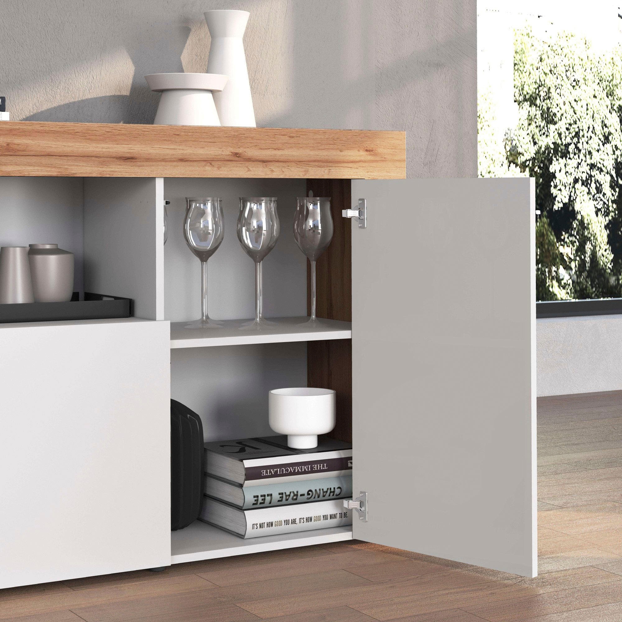 GOODproduct Sideboard »CHRONOS Breite 200 cm  mit 4 Türen, 2 offene und 8 geschlossene Fächer« 1 Stk. tlg. Sideboard,Kommode, Schrank, Grifflos mit Push to Open, Made in Italy