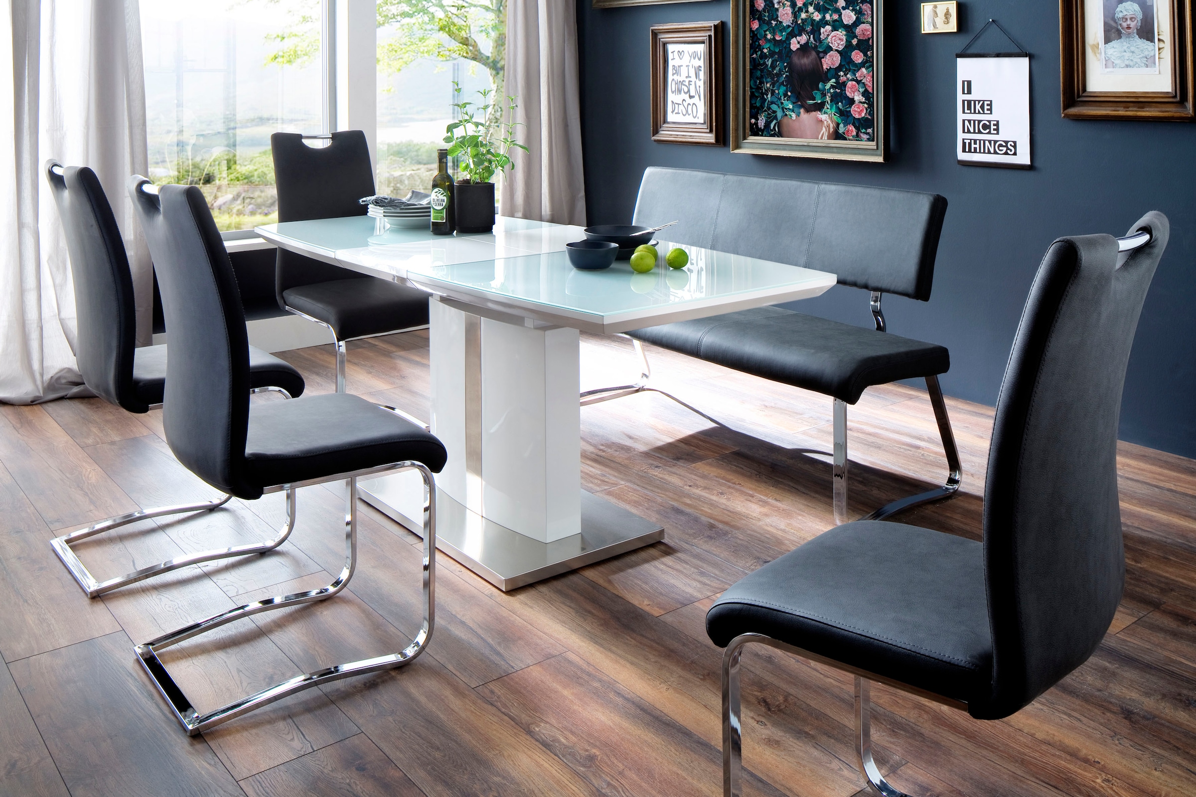 MCA furniture Esstisch »Najuma, TOPSELLER!«, (Tisch, Esstisch), Bootsform weiss mit Synchronauszug, Sicherheitsglas