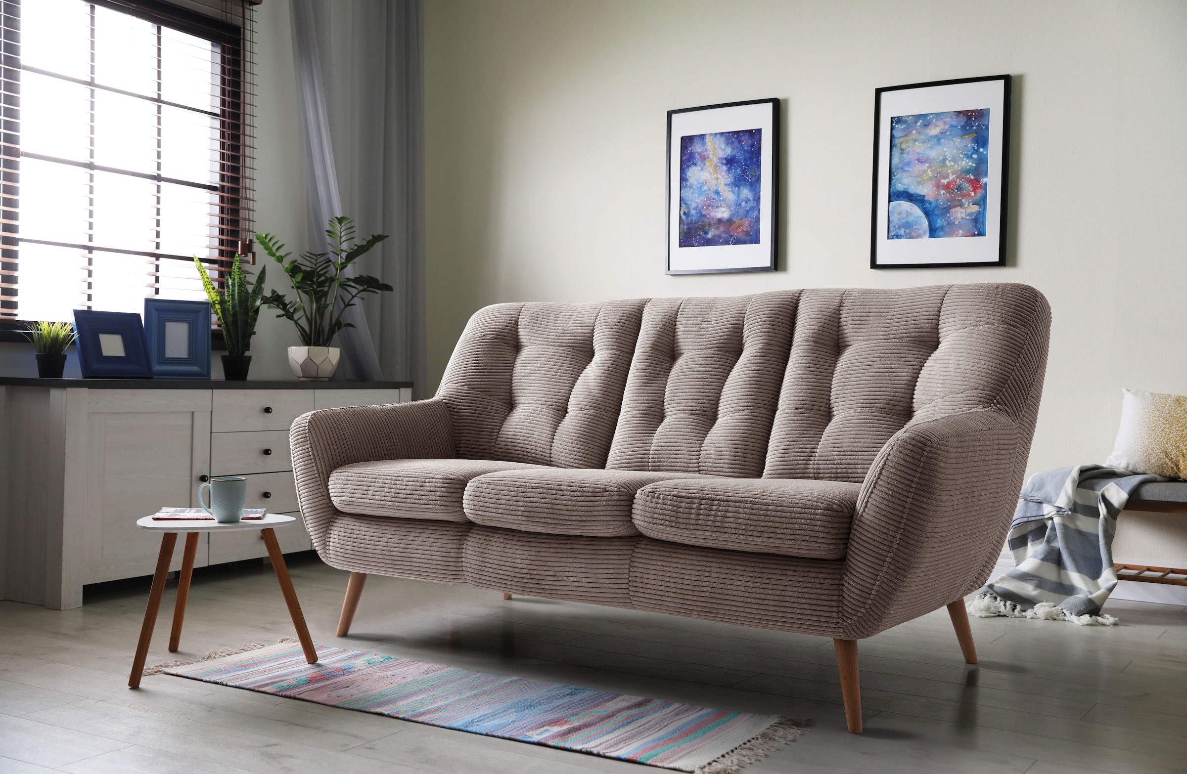 exxpo - sofa fashion 3-Sitzer »Scandi, bequem, aufwendige Rückenpolsterung für mehr Sitzkomfort«, aktuelle Farben in hochwertigen Bezugsqualitäten, Holzfuss