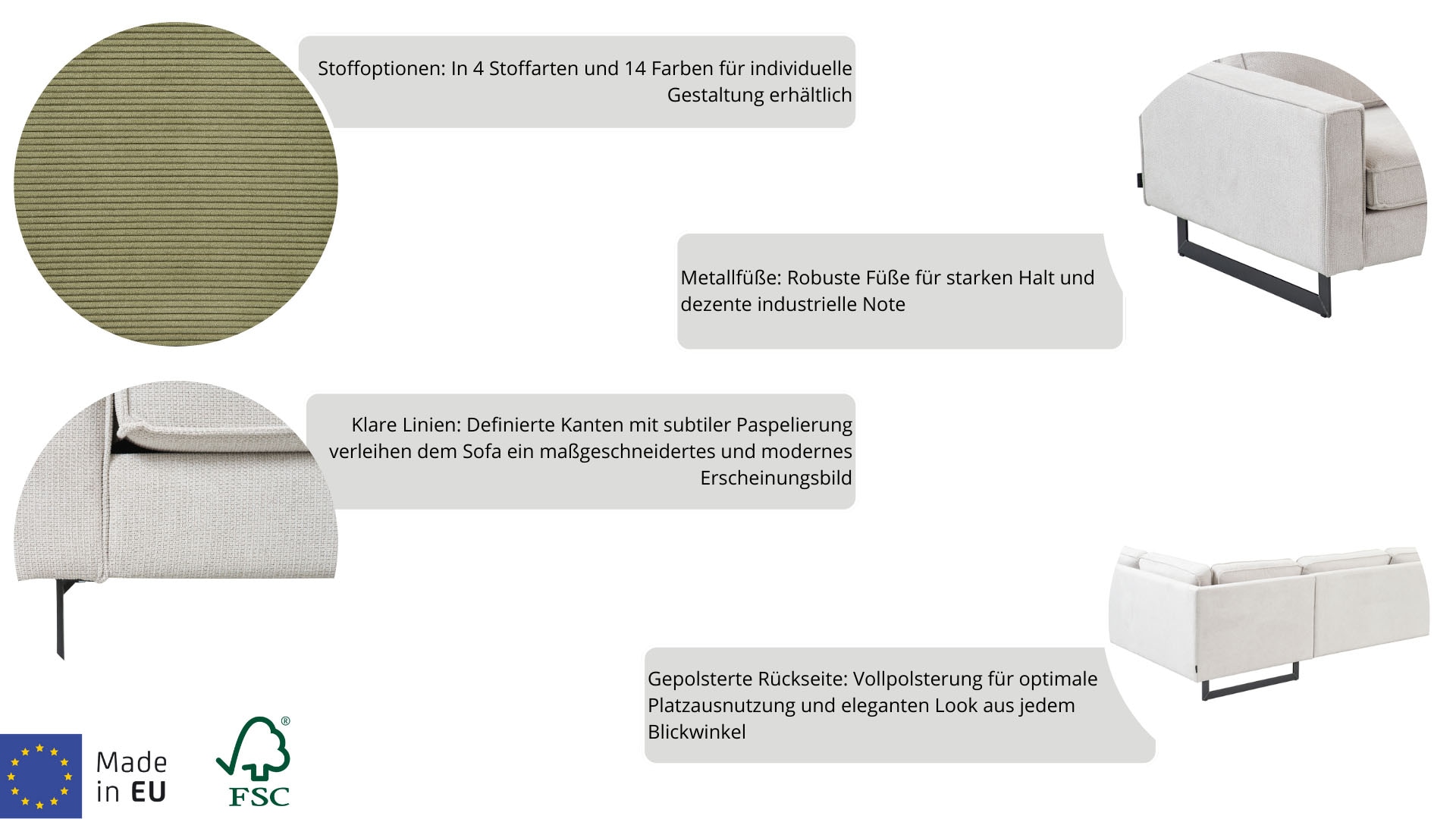 Places of Style Wohnlandschaft »Pinto, 350 cm, U-Form, XXL, mit Ottomanen«, Cord, Feincord, Luxus-Microfaser Leder und Chenille