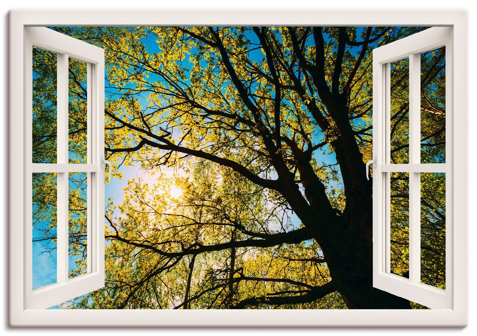 Image of Artland Wandbild »Fensterblick Frühlingssonne Baumkrone«, Bäume, (1 St.), in vielen Grössen & Produktarten - Alubild / Outdoorbild für den Aussenbereich, Leinwandbild, Poster, Wandaufkleber / Wandtattoo auch für Badezimmer geeignet bei Ackermann Versand S