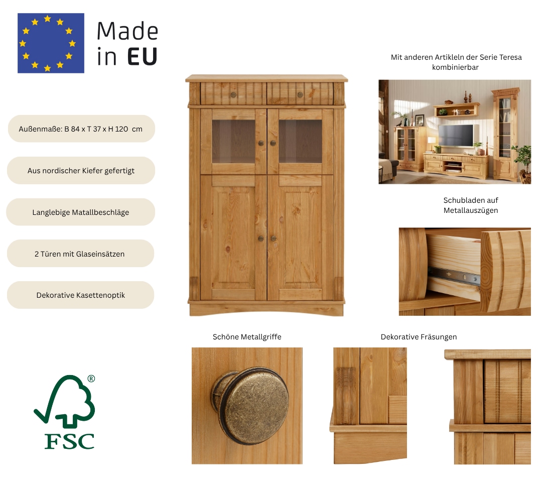 Home affaire Highboard »Teresa Mini-Vitrine mit Glastüren und 2 Schubkästen«, Kommode, aus massiver Kiefer, Breite 84 cm, FSC®