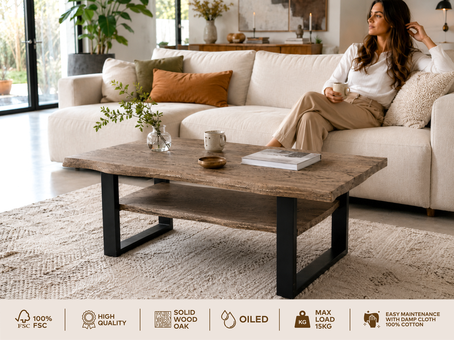 GOODproduct Couchtisch »Svalbard, Wohnzimmertisch, Sofatisch, Beistelltisch, Kaffeetisch« Wildeiche geölt Natur/Smoke, Baumkante, Metallgestell
