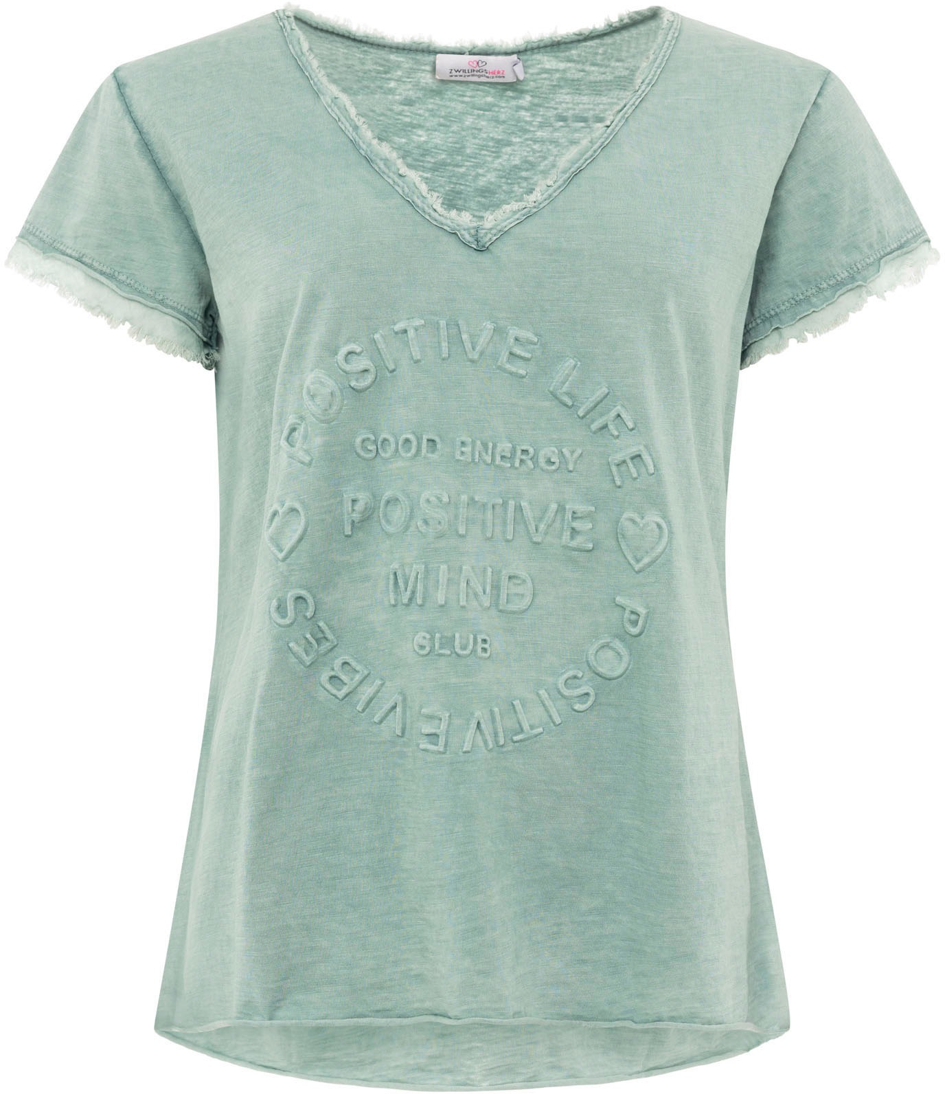 Zwillingsherz T-Shirt »"Positive Mind"«, V-Ausschnitt, Kurzarm, Used-Look, Baumwolle, ausgefranste Kanten