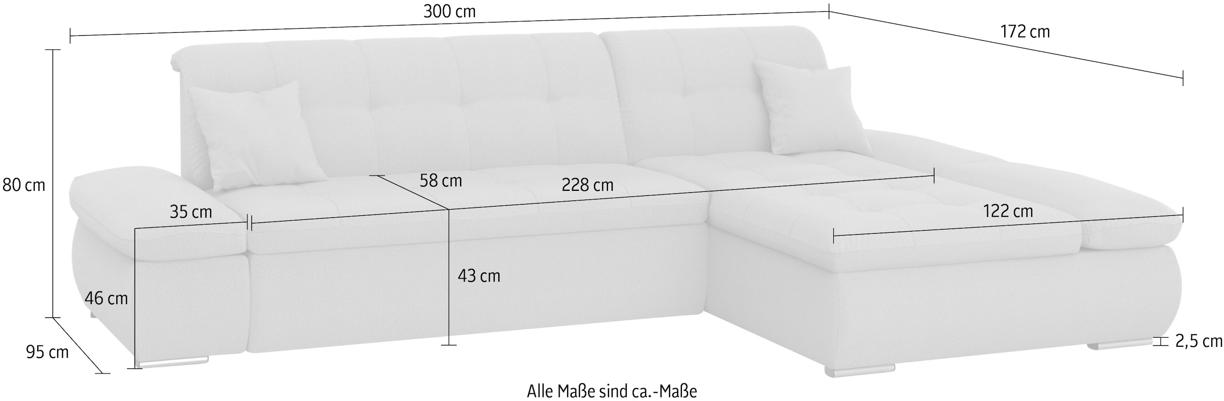 DOMO collection Ecksofa »Moric, L-Form, XXL-Sofa - Breite 300cm«, wahlweise mit Bettfunktion und Armteilverstellung, silberfarben-grau