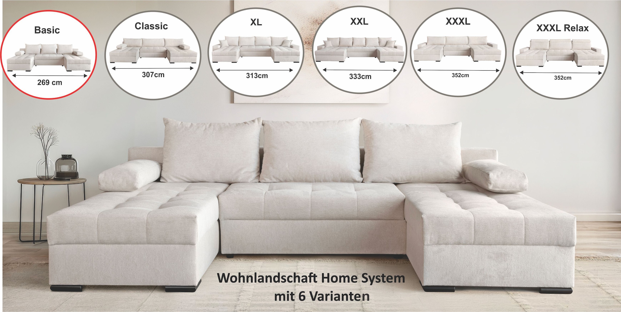 GOODproduct Wohnlandschaft »Home System U-Form, B: 269 - 352 cm, Breiten wählbar« mit Bettfunktion, Bettkasten & Zierkissen, Federkern, Modulsofa