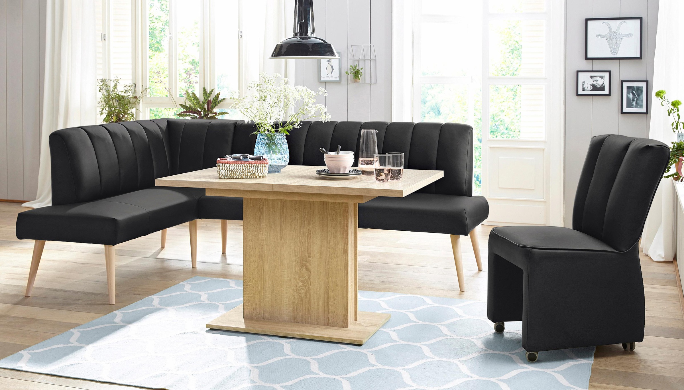 exxpo - sofa fashion Eckbank »Costa, moderne Rückensteppung, bequem und elegant, hoher Holzfuss«, hochwertig verarbeitet, Frei im Raum stellbar