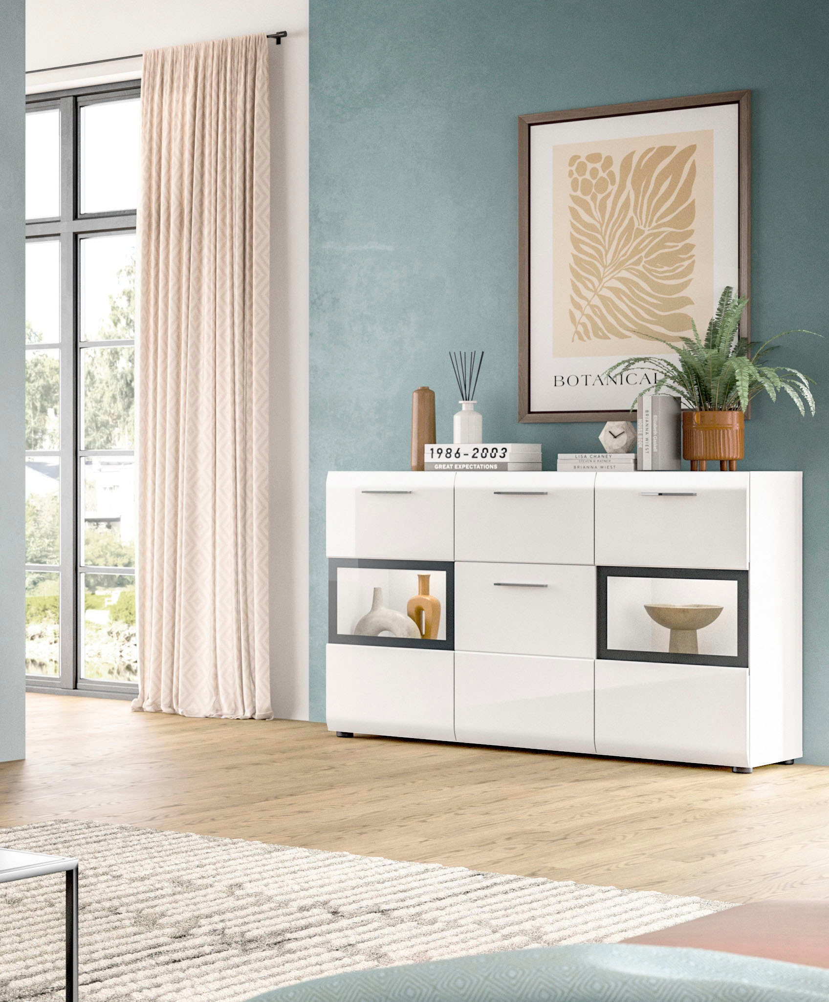 Image of Home affaire Sideboard "FLORENZ, hochwertige MDF-Front,Rillenfräsung,2 Glastüren,1 Schublade" 1 Stk. tlg. Sideboard, Anrichte, Wohnzimmerschrank