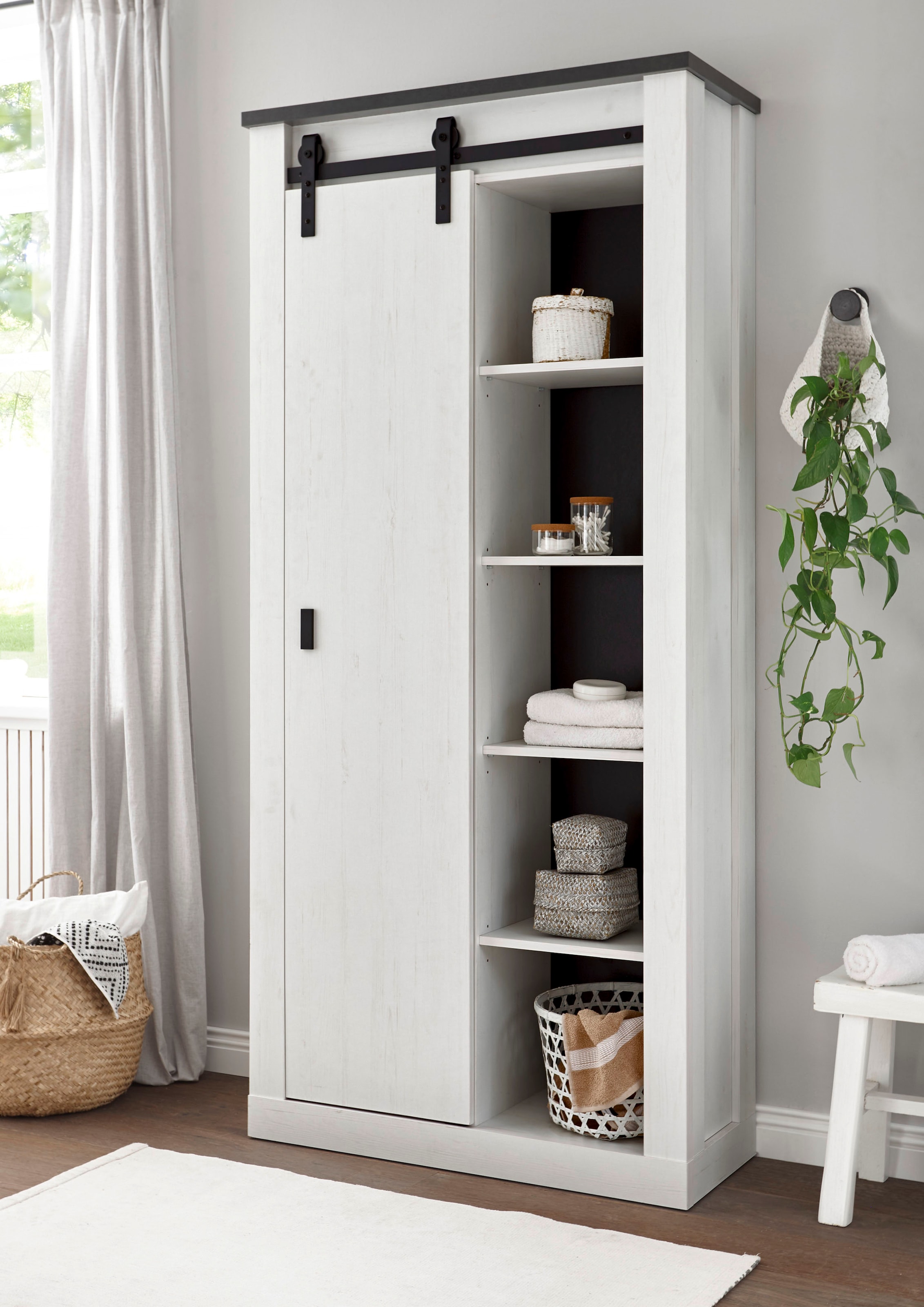 Home affaire Regal "SHERWOOD" modernes Holz Dekor, mit Scheunentorbeschlag aus Metall, Höhe 201 cm