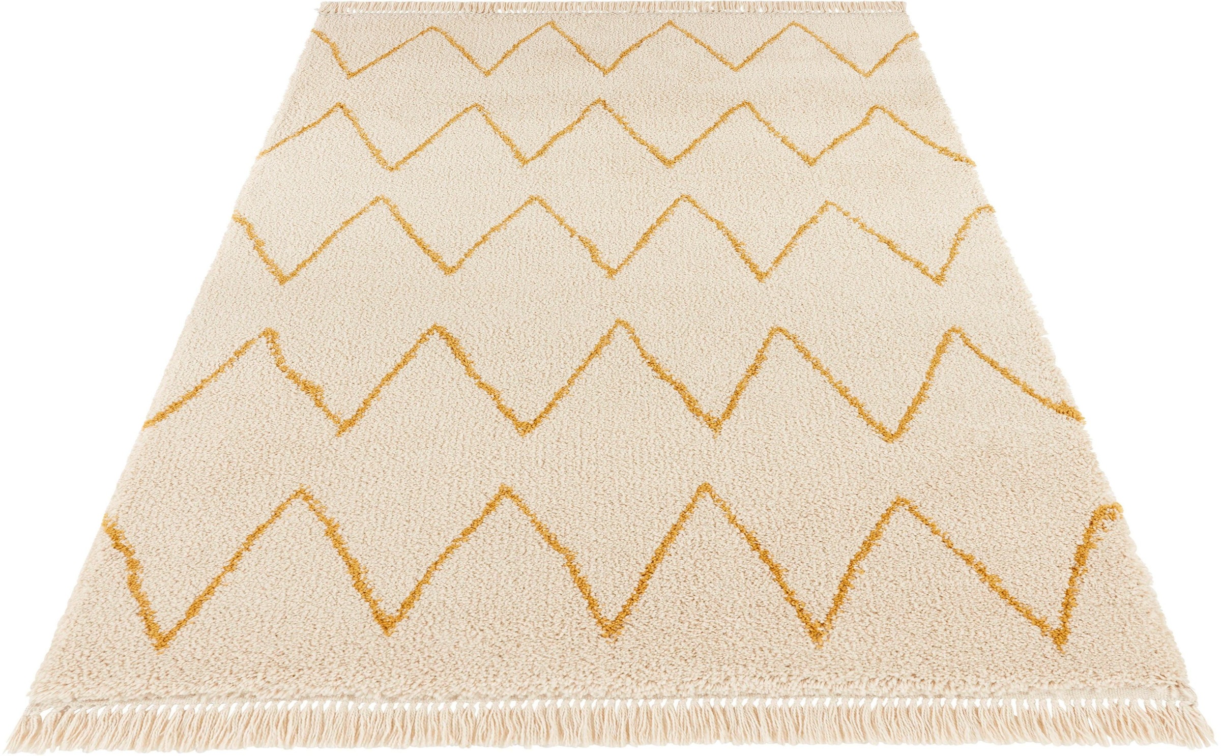 Image of MINT RUGS Hochflor-Teppich »Ruby«, rechteckig, 35 mm Höhe, Pastellfarben mit Fransen, Rauten Design, Scandi Look, Wohnzimmer, Schöafzimmer, Robust, Pflegeleicht bei Ackermann Versand Schweiz