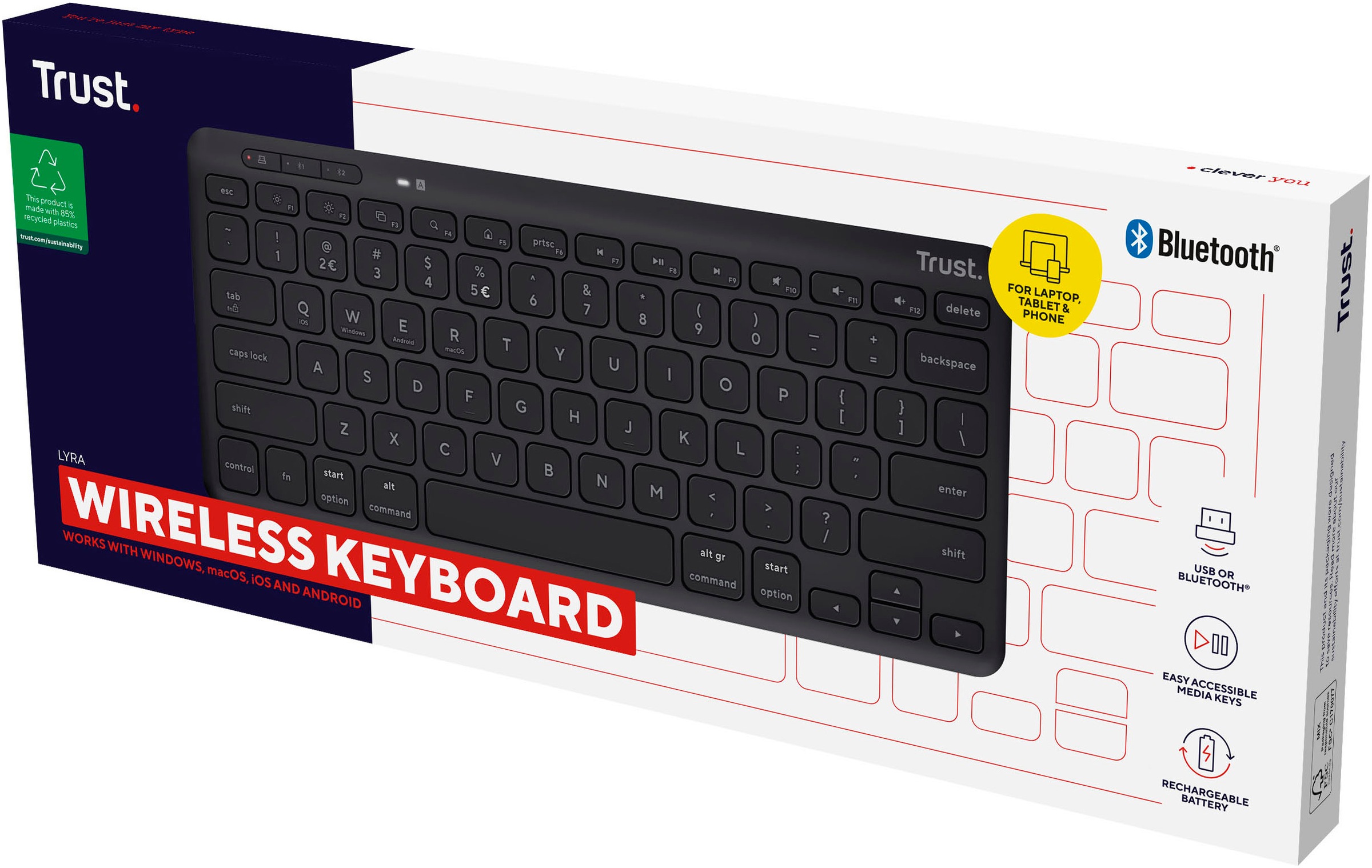 Trust Wireless-Tastatur »Lyra Kompakte Funktastatur«, (USB-Anschluss-Anpassbare Höhe-Multimedia-Tasten)
