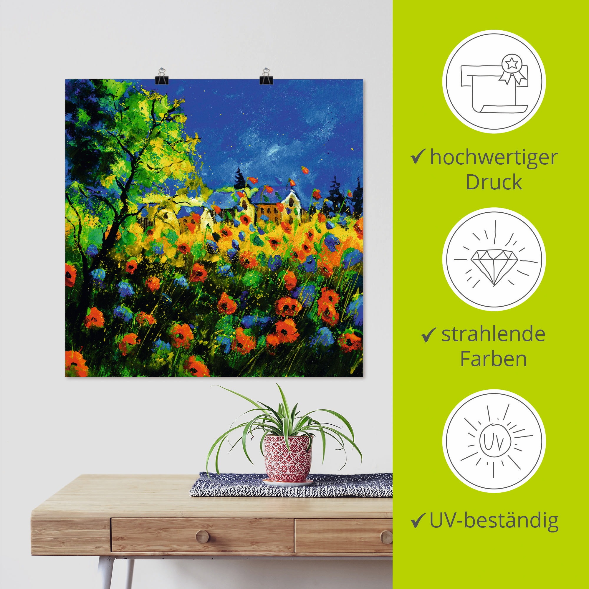 Artland Poster »Blaue und rote Mohnblumen«, Blumen, (1 St.), als Alubild, Leinwandbild, Wandaufkleber oder Poster in versch. Grössen