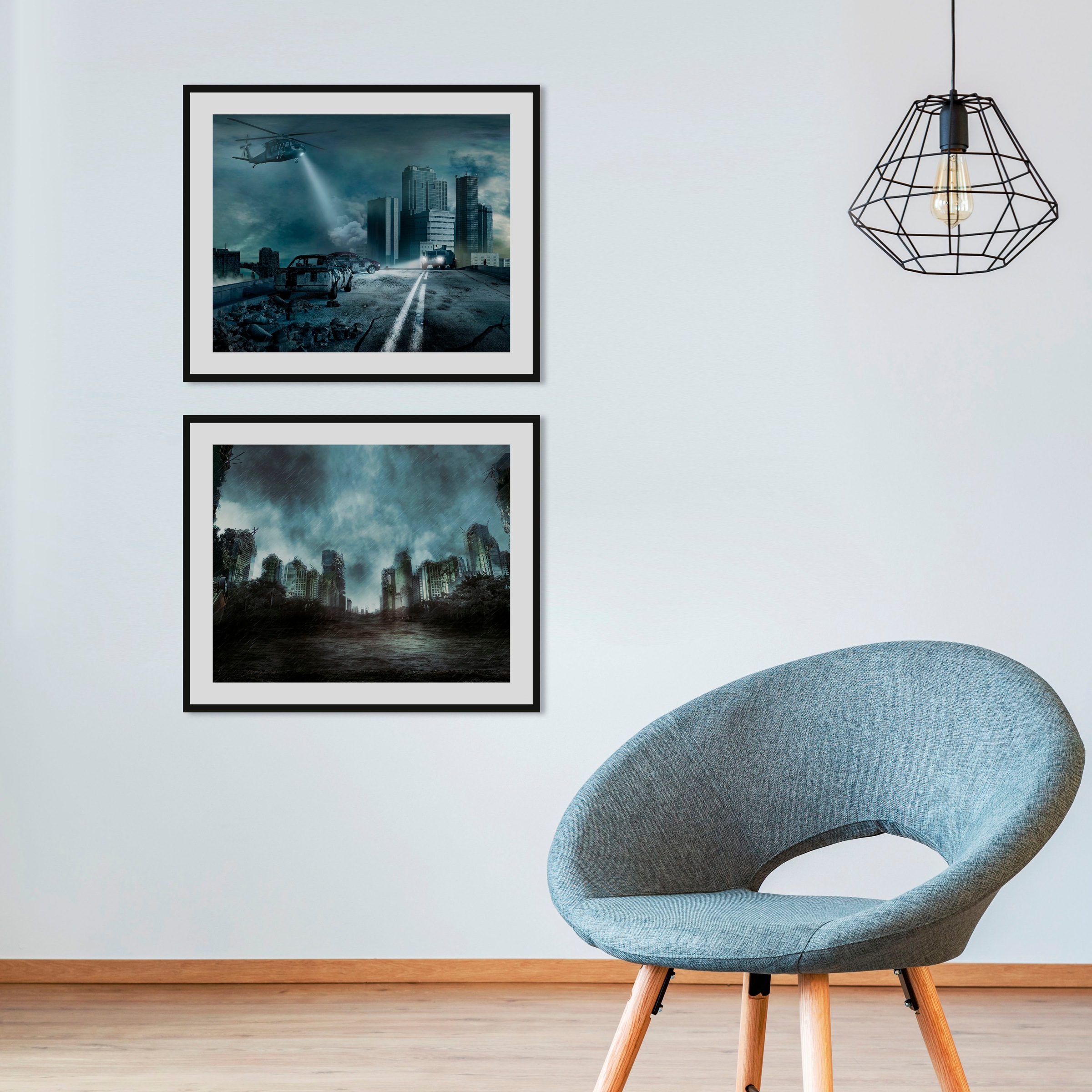 Image of queence Bild "SEARCHING" Flugzeuge Himmel Stadt Städte Wolken 1 Stk. tlg. HD Premium Poster-Druck inkl. Holzrahmen