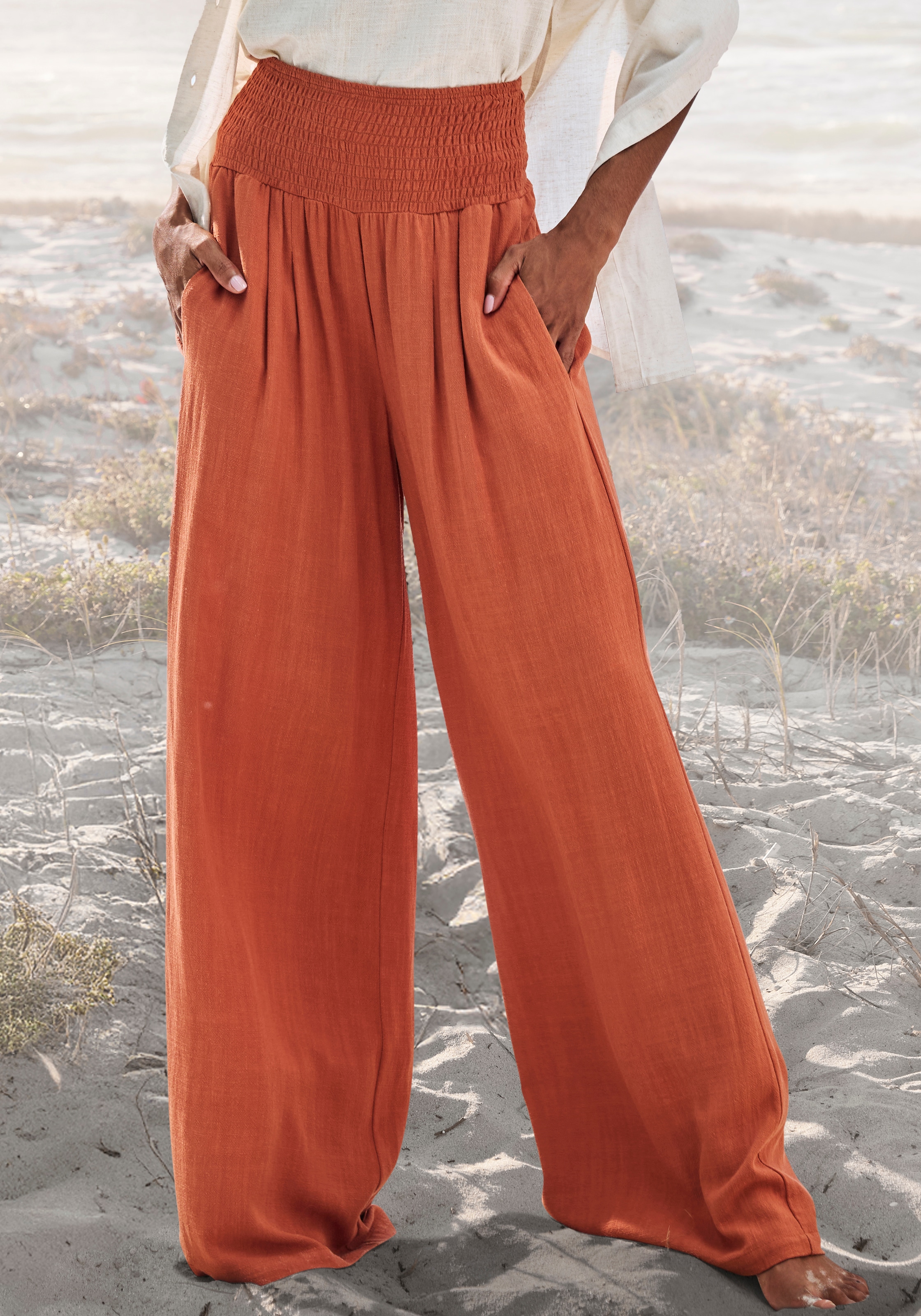 French Connection Pantalon en lin  avec taille élastiquée froncée, pantalon palazzo ample pour l'été