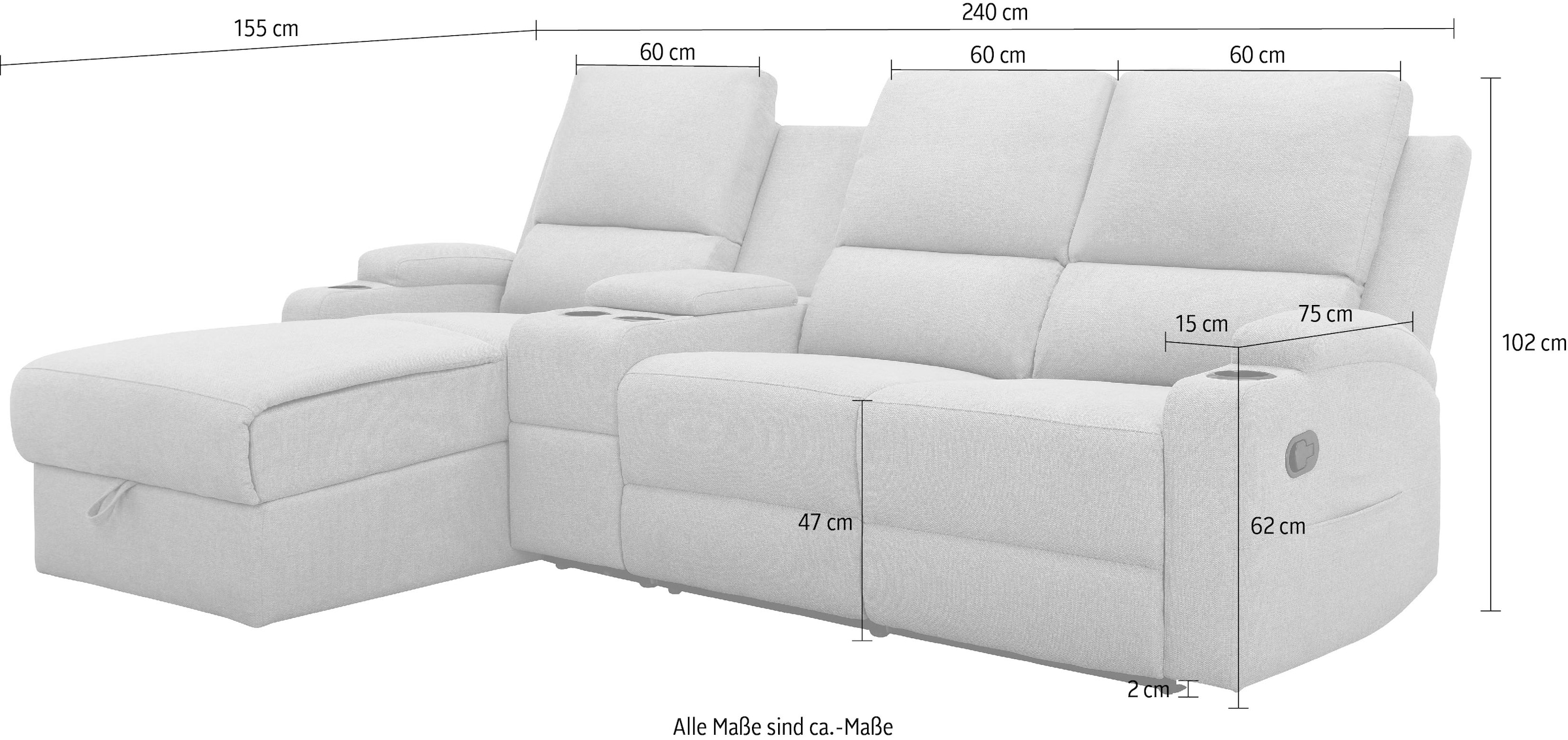 Home affaire Ecksofa »NAPORI Multimediasofa, 3er Kinosessel XXL, L-Form, 3 Bezugsstoffe«, Kinosofa mit Relaxfunktion, Getränkehalter, Staufach und Staukasten