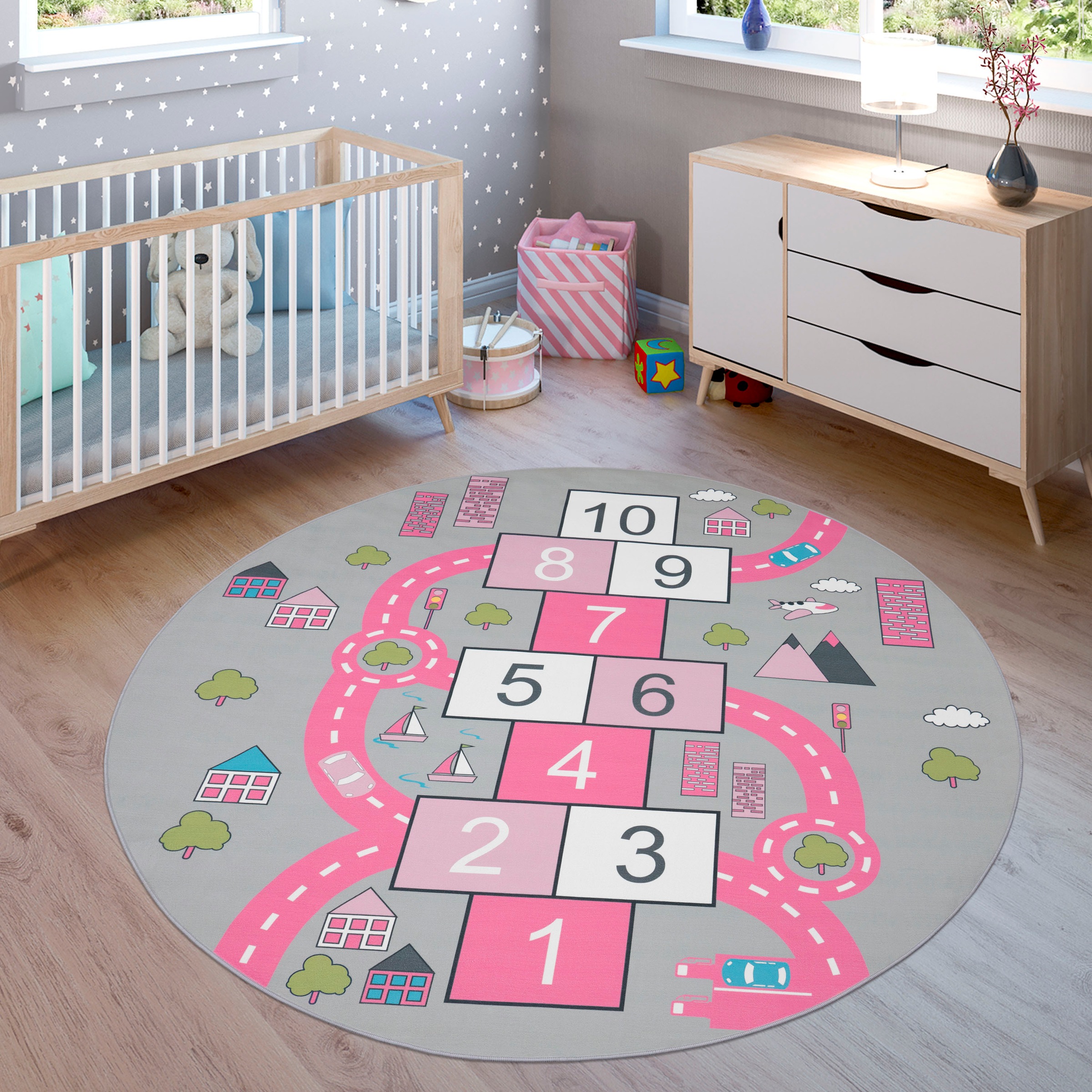 Paco Home Kinderteppich »Bino 569«, rund, 4 mm Höhe, Kurzflor, Strassen-Spiel-Teppich & Spielmotiv Hüpfkästchen