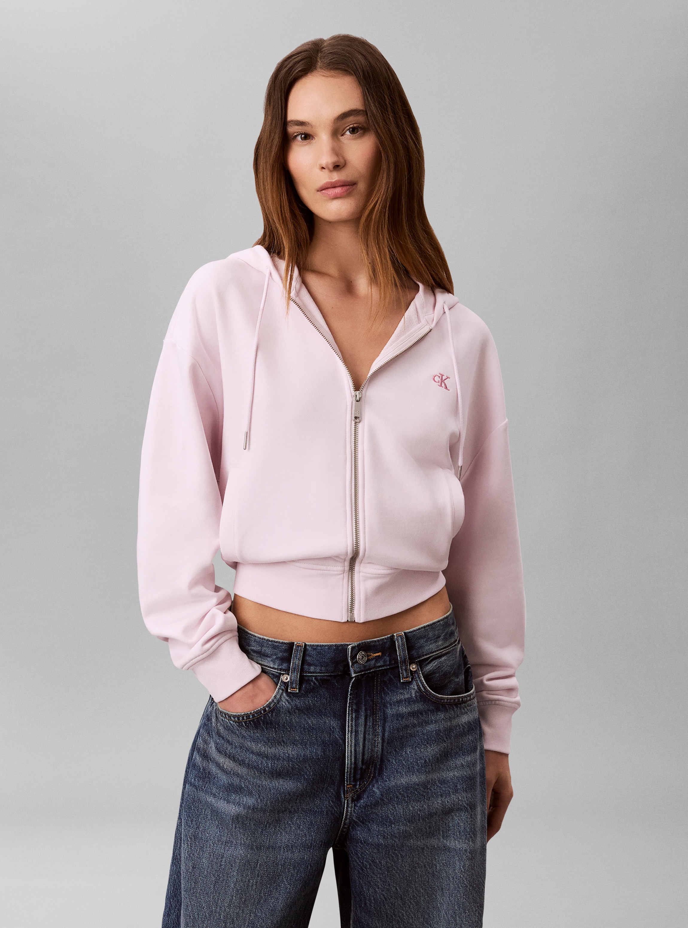 Image of Calvin Klein Sweatjacke "LS MONOGRAM TERRY CROP RELAXED F" Regular fit mit Kapuze mit Kordelzug