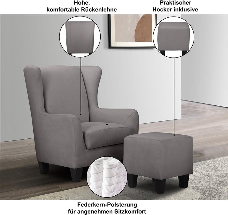 Home affaire Fauteuil à oreilles »Chilly, Sessel mit Hocker und Federkern-Polsterung,« Set, bestehend aus Sessel und Hocker, 2 cuis tlg. in Cord und Microfaser-Bezug, Unser Dauertiefpreis