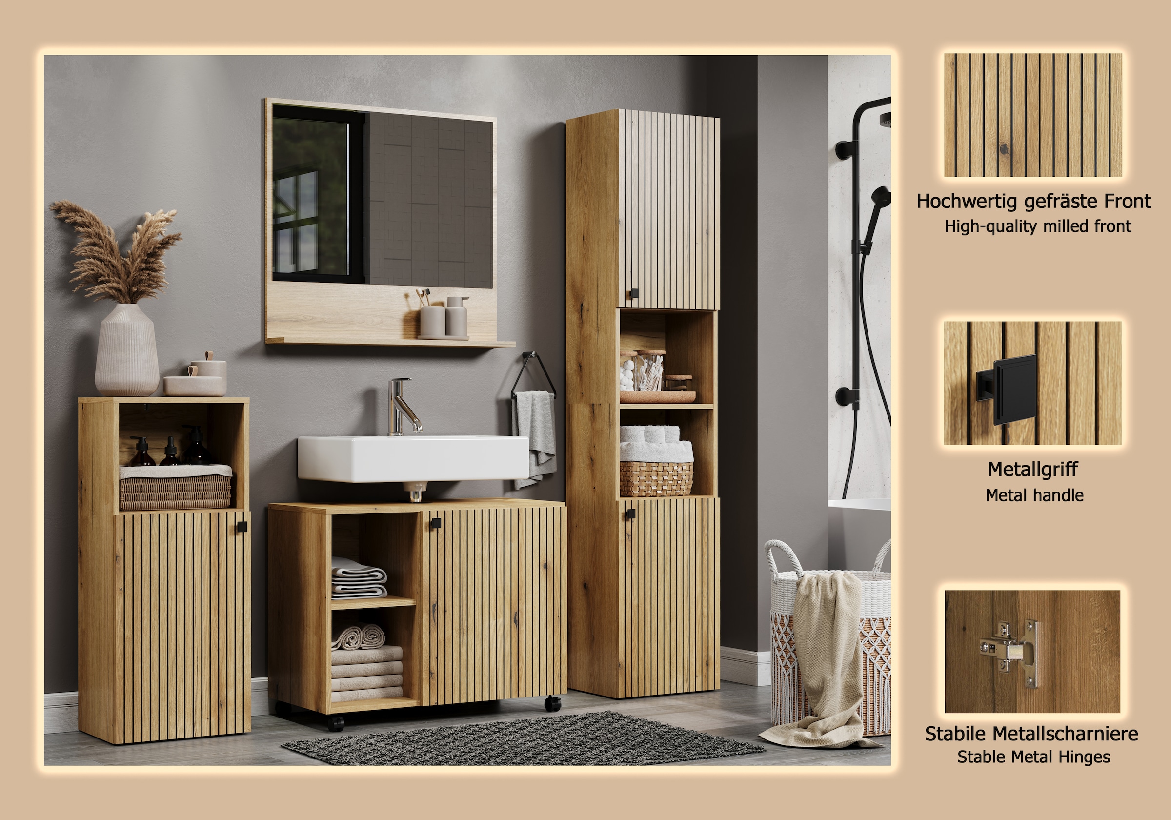 welltime Badmöbel-Set »Amrum Waschbeckenunterschrank Spiegel Hochschrank Badschrank« Komplett-Set, 4 Stk. tlg.