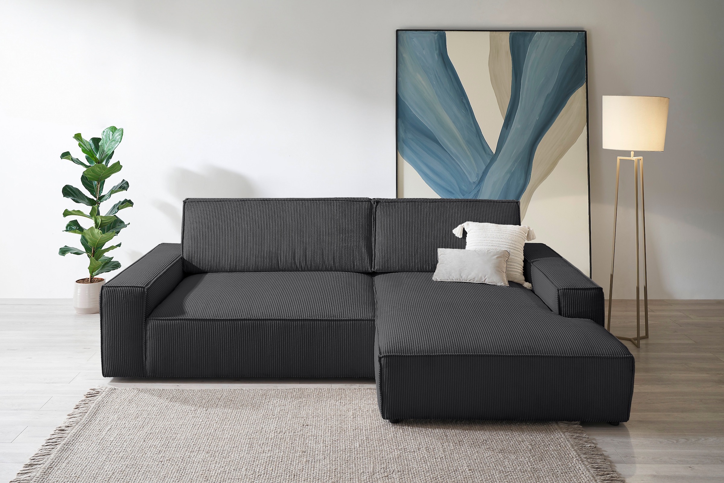 Home affaire Canapé d'angle »NEU: SHERWOOD XXL 284, Big-Sofa L-Form, tiefe Sitzfläche 95 cm, Cord« Recamiere rechts/links, als Schlafsofa stellbar, Cord u. Leinenoptik
