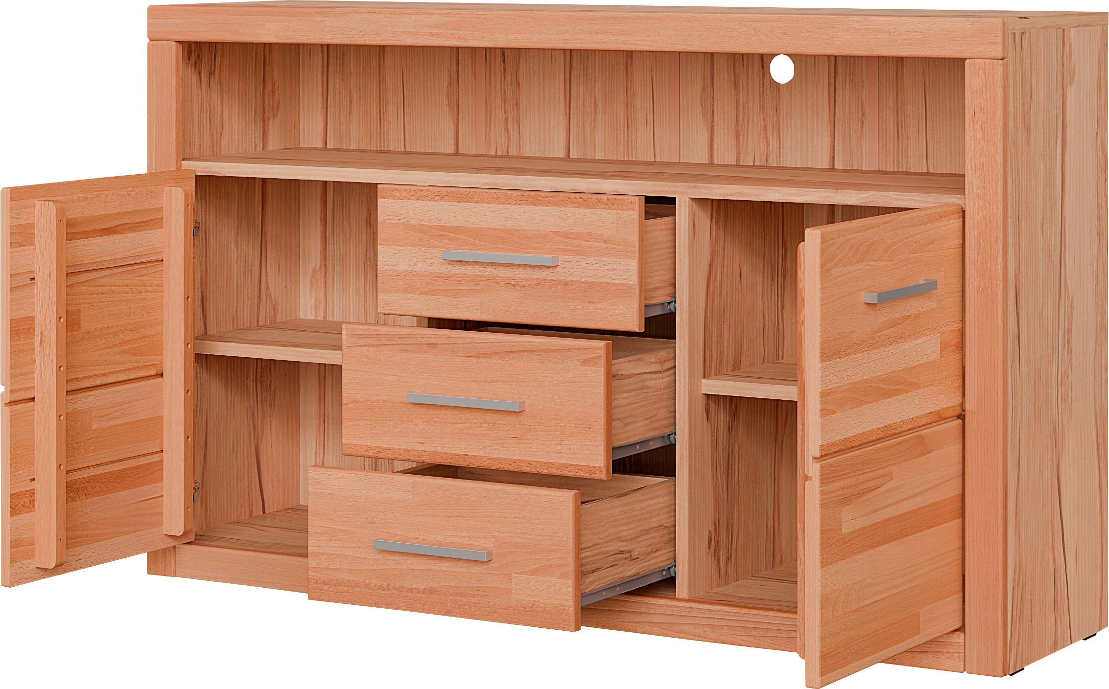 GOODproduct Sideboard »Ribe,130cm breit,80cm hoch,Oberplatte Holz massiv,6 Fächer« Holz massiv, Holzwerkstoff, Metall Griffe,2 Türen,3 Schubladen