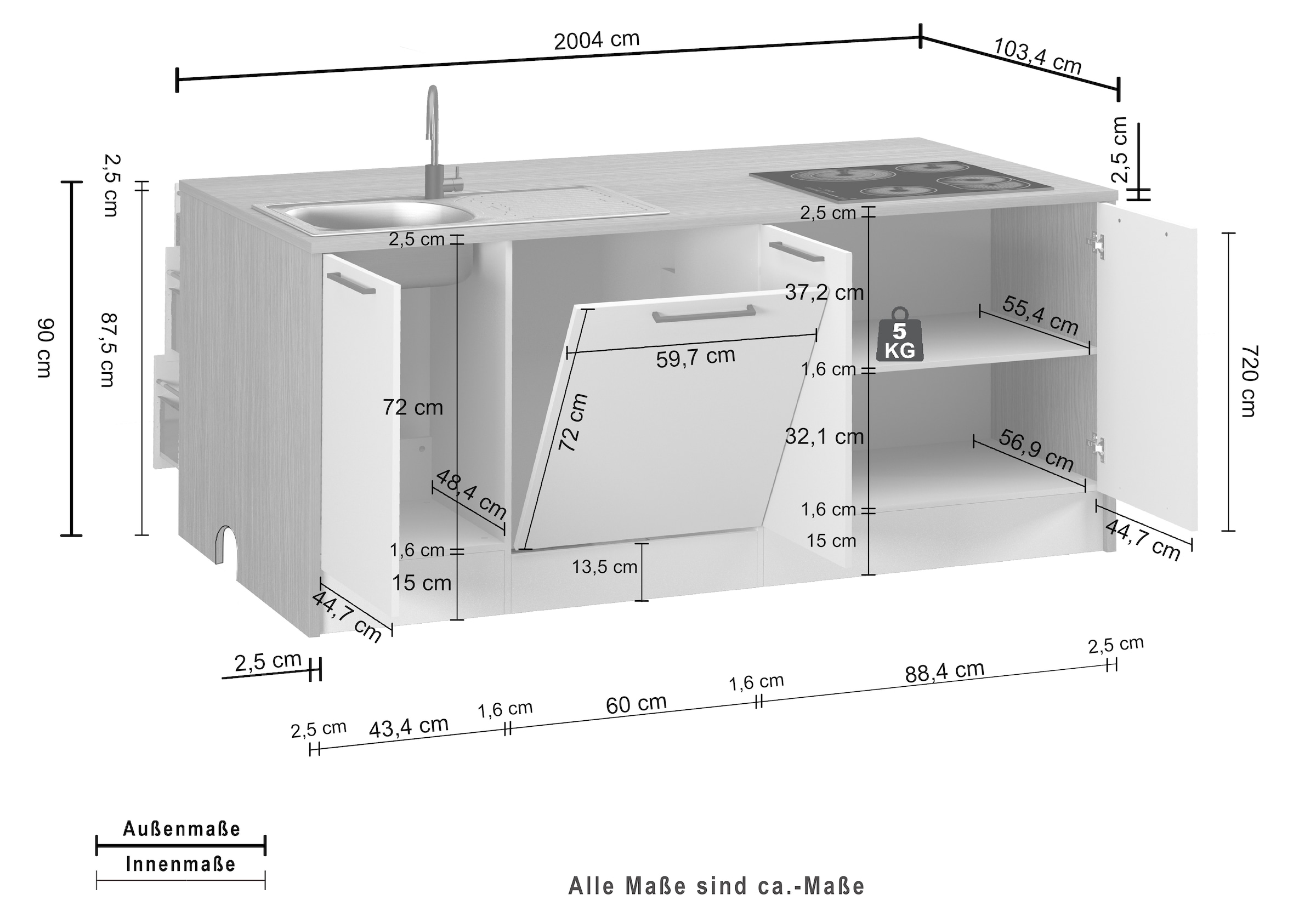 KOCHSTATION Ilot de cuisine »KS-Luna Breite 200 cm, Höhe 90 cm« Breite 200 cm, wahlweise mit Hanseatic-E-Geräten