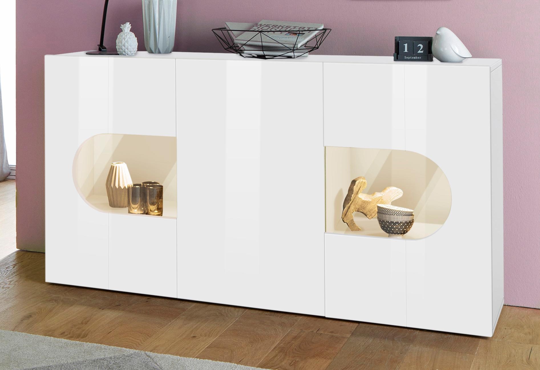 Image of Home affaire Sideboard "Real,Vitrine,Kommode,Schrank, komplett hochglanz lackiert" weiss Hochglanz lackiert mit 3 Türen davon 2 Glastüren, Breite 150