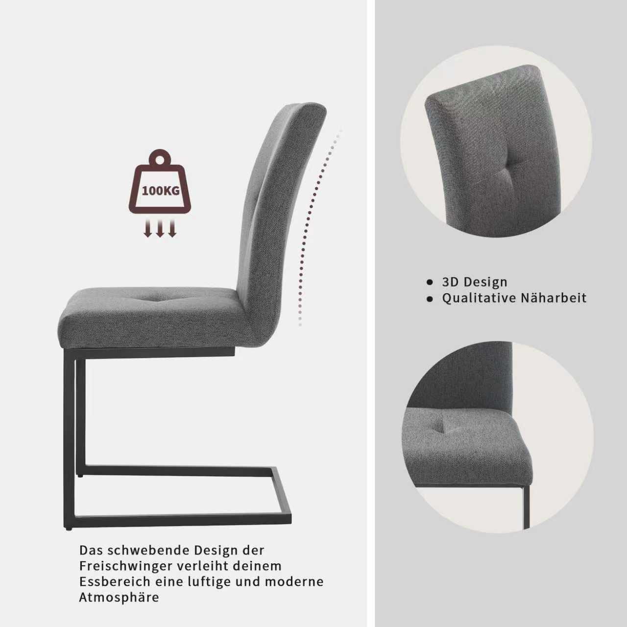 GOODproduct Ensemble de salle à manger »Vendy, Esstisch ausziehbar plus 6 Freischwinger« Set, Esstisch ausziehbar 160 - 210 cm plus 6 Esszimmerstühle, 7 cuis tlg. pflegeleichte Strukturstoff-Stühle, 3D-Steppung, ausziehbarer Tisch