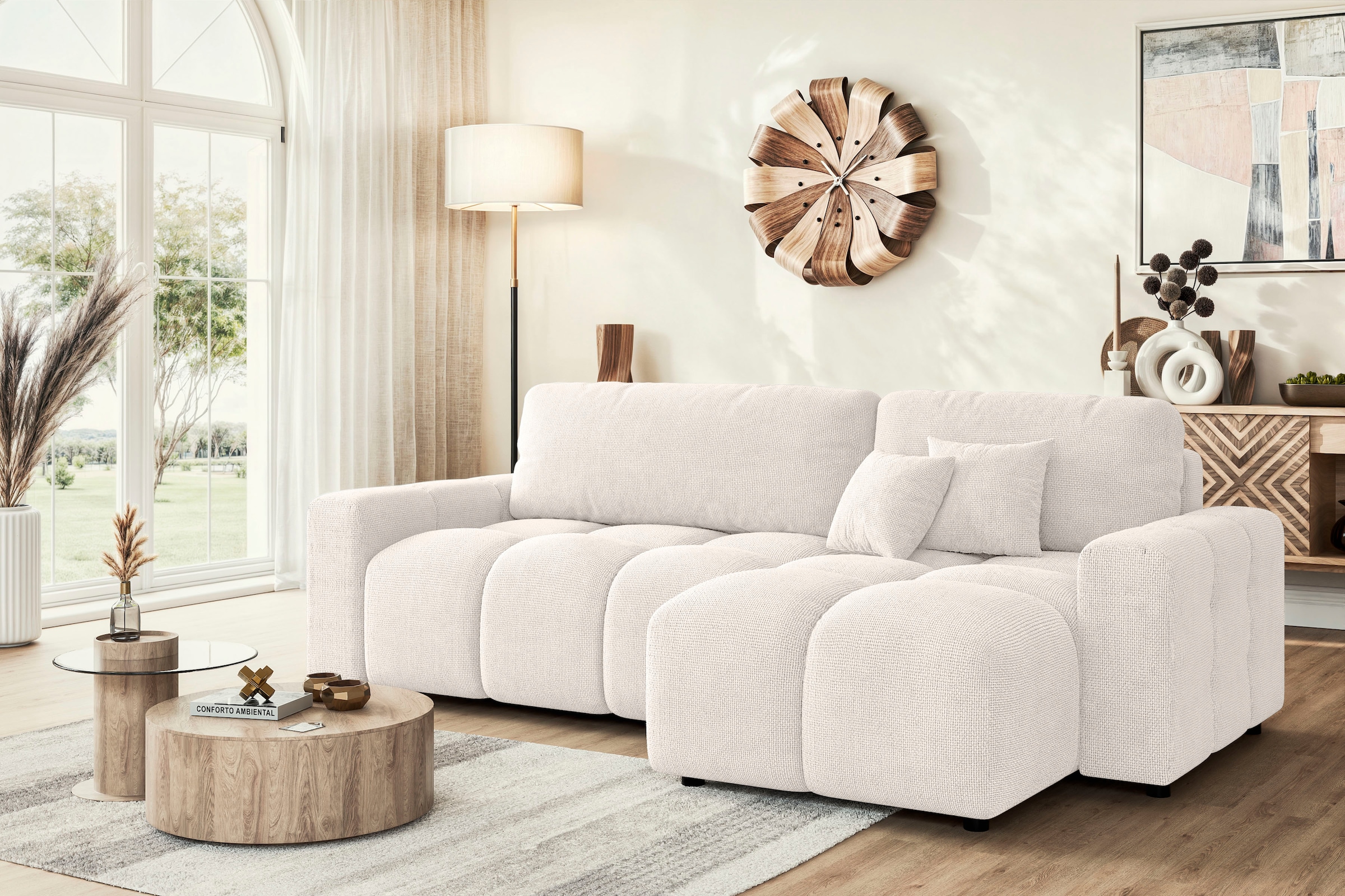 INOSIGN Ecksofa »FELICI, Schlafsofa 233cm, L-Form mit Recamiere beidseitig montierbar«, Designsofa mit Bettfunktion und Bettkasten, Masse B/T/H: 233/142/88 cm