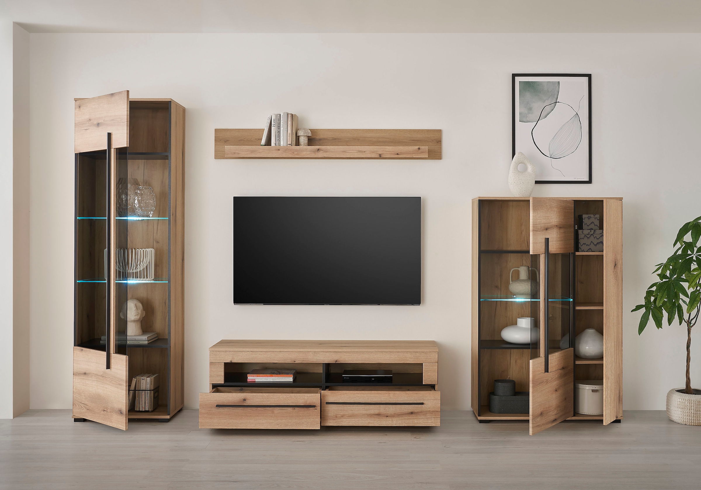 INOSIGN Wohnwand »Cantara, moderne Anbauwand, Wohnzimmer-Set, in Eiche Evoke oder Weiss«, (Set), enthält zwei Vitrinen, ein Lowboard und ein Wandboard