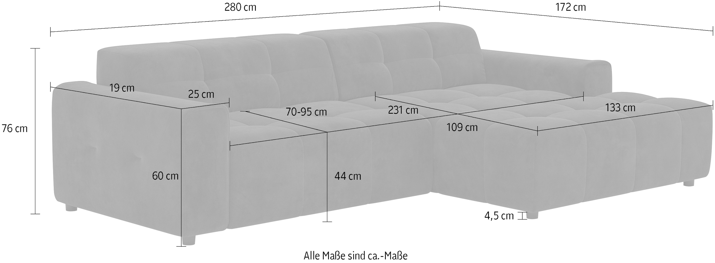 COTTA Canapé d'angle »Sento L-Form, B:280 cm, Chenille-Struktur, XXL Recamiere B: 133cm« modernes cubisches Sofa, hochwertige Steppung, bequemer Sitzkomfort