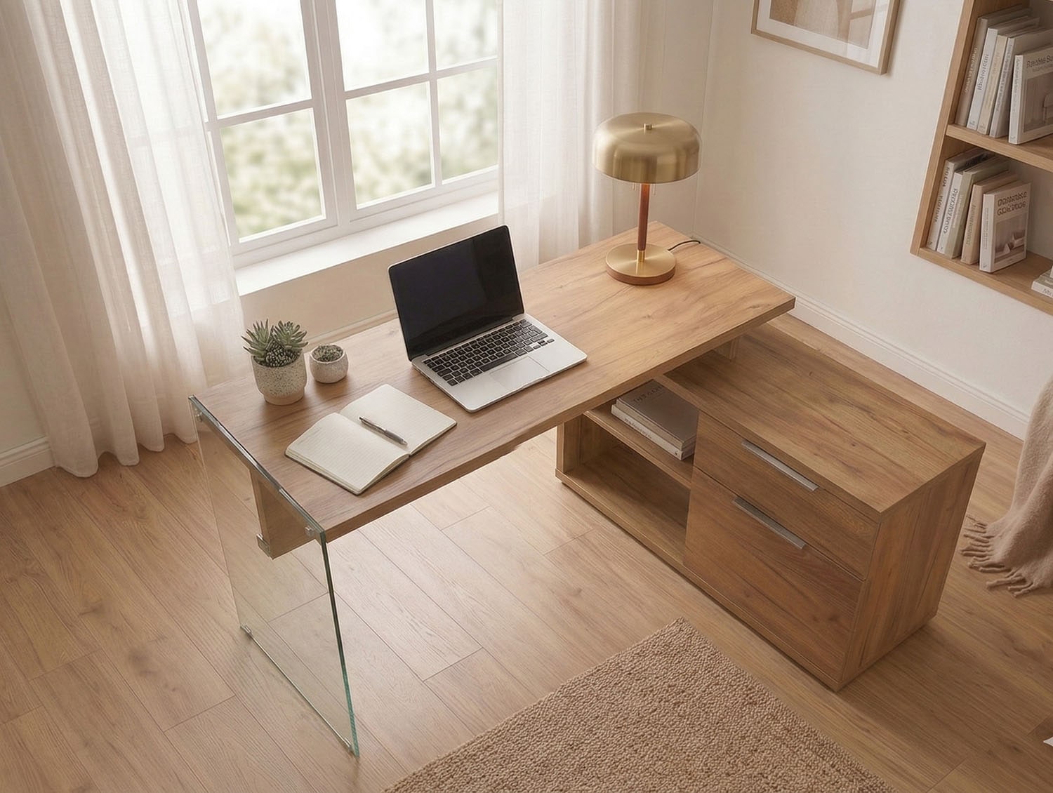 Jahnke Bureau d'angle »LUX C 135 E« bureau d'angle, montage réversible, verre, 1 tiroir et 2 compartiments