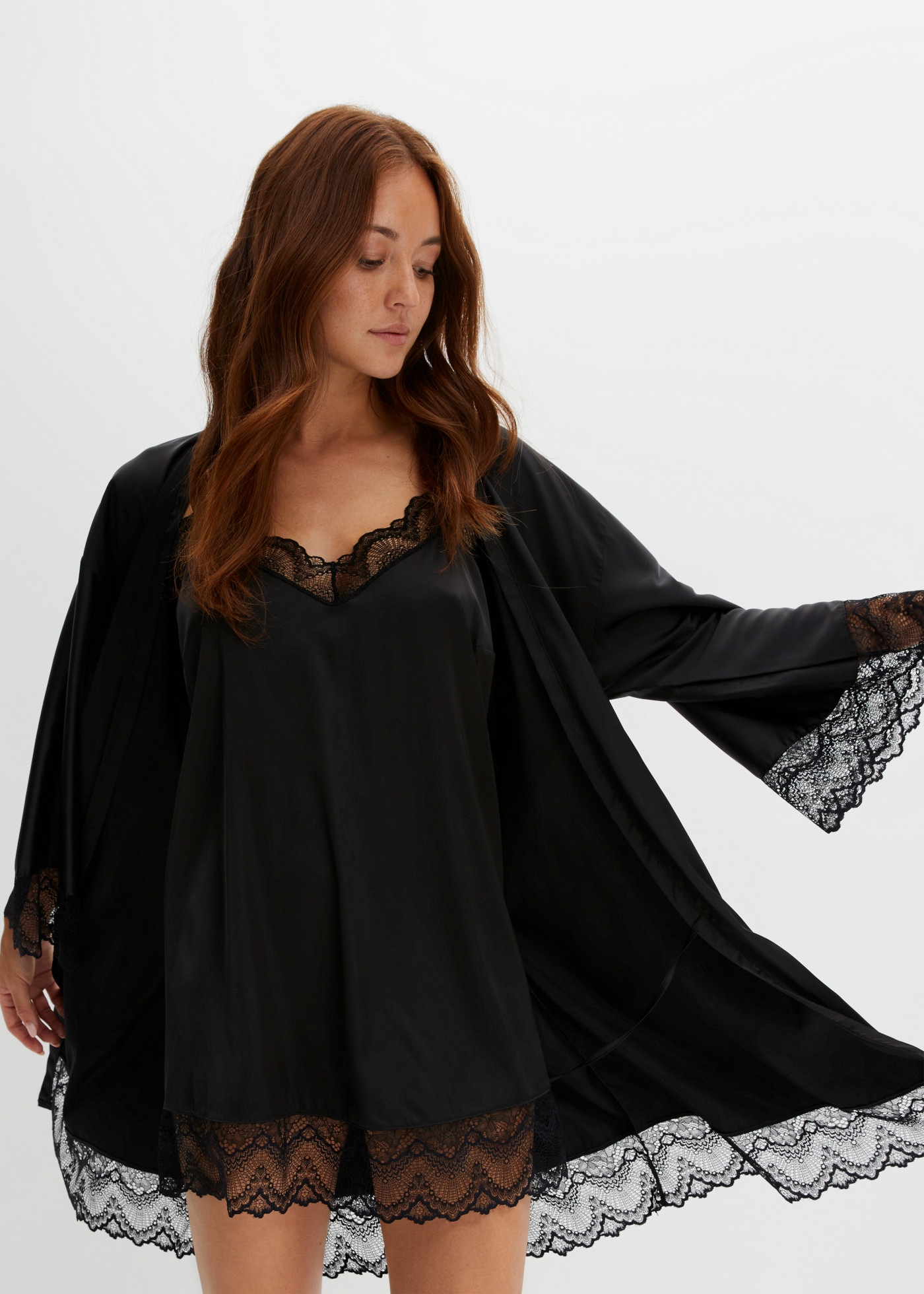 Image of bonprix Morgenmantel Set, 2 Stk. im Kimono-Stil mit Negligé, mit hochwertiger Spitze