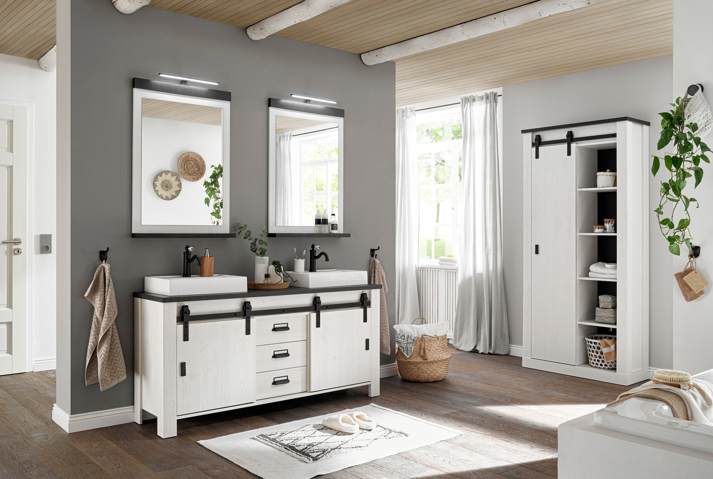 Home affaire Badmöbel-Set »SHERWOOD, Bad im modernen Design, 4-teiliges Badezimmer«, (4 St.), in 2 Farben verfügbar, Scheunentorbeschlag & Apothekergriff aus Metall