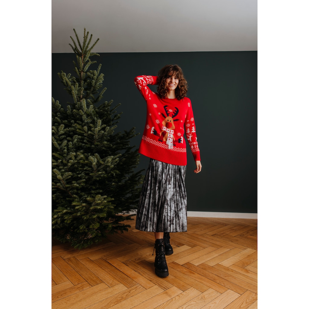 Aniston CASUAL Weihnachtspullover, mit Bommel-Nase und Fransenschal