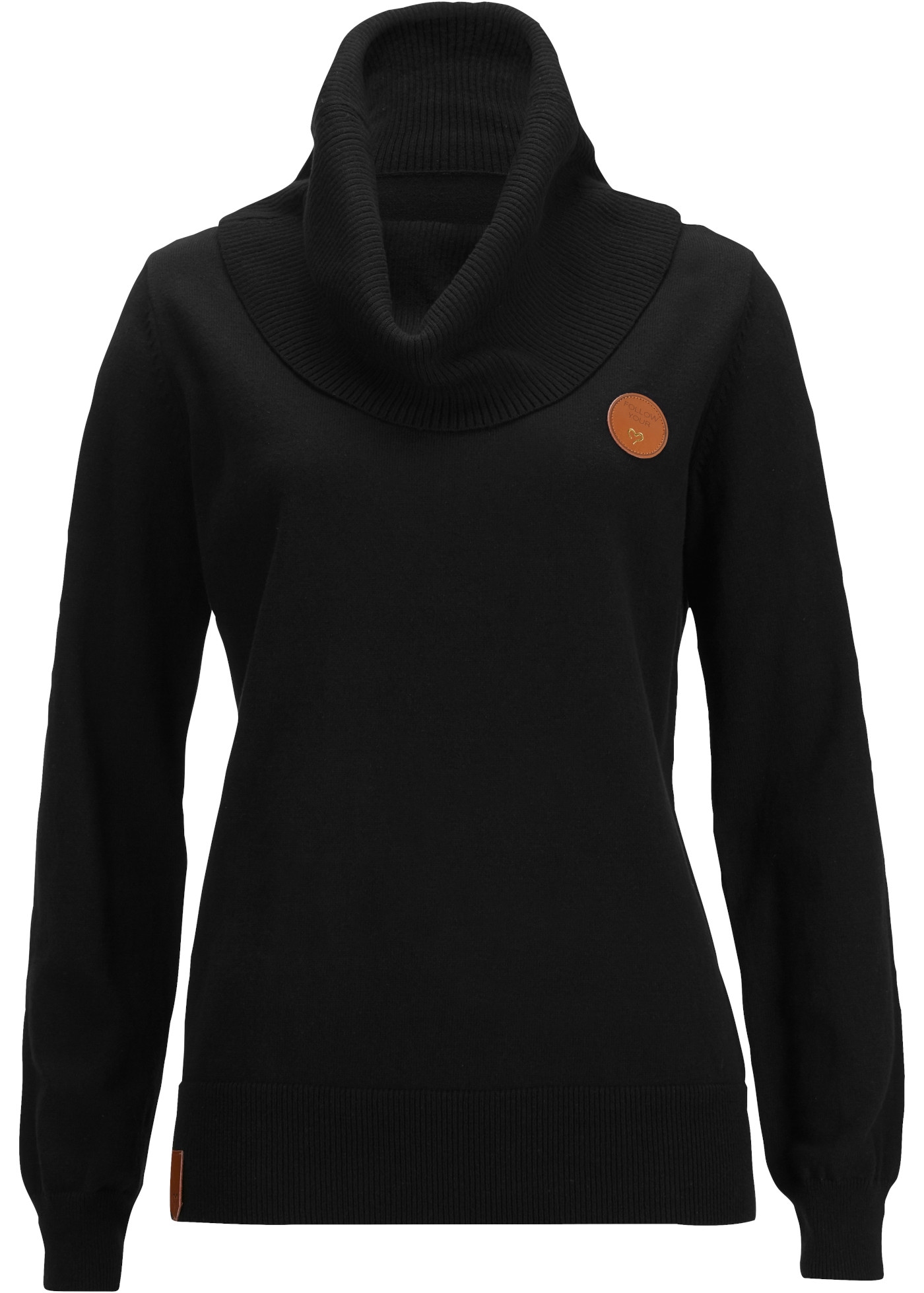 bonprix Pull en tricot »Feinstrickpullover mit weitem Kragen« avec petits détails en cuir, en mélange de coton, coupe confortable