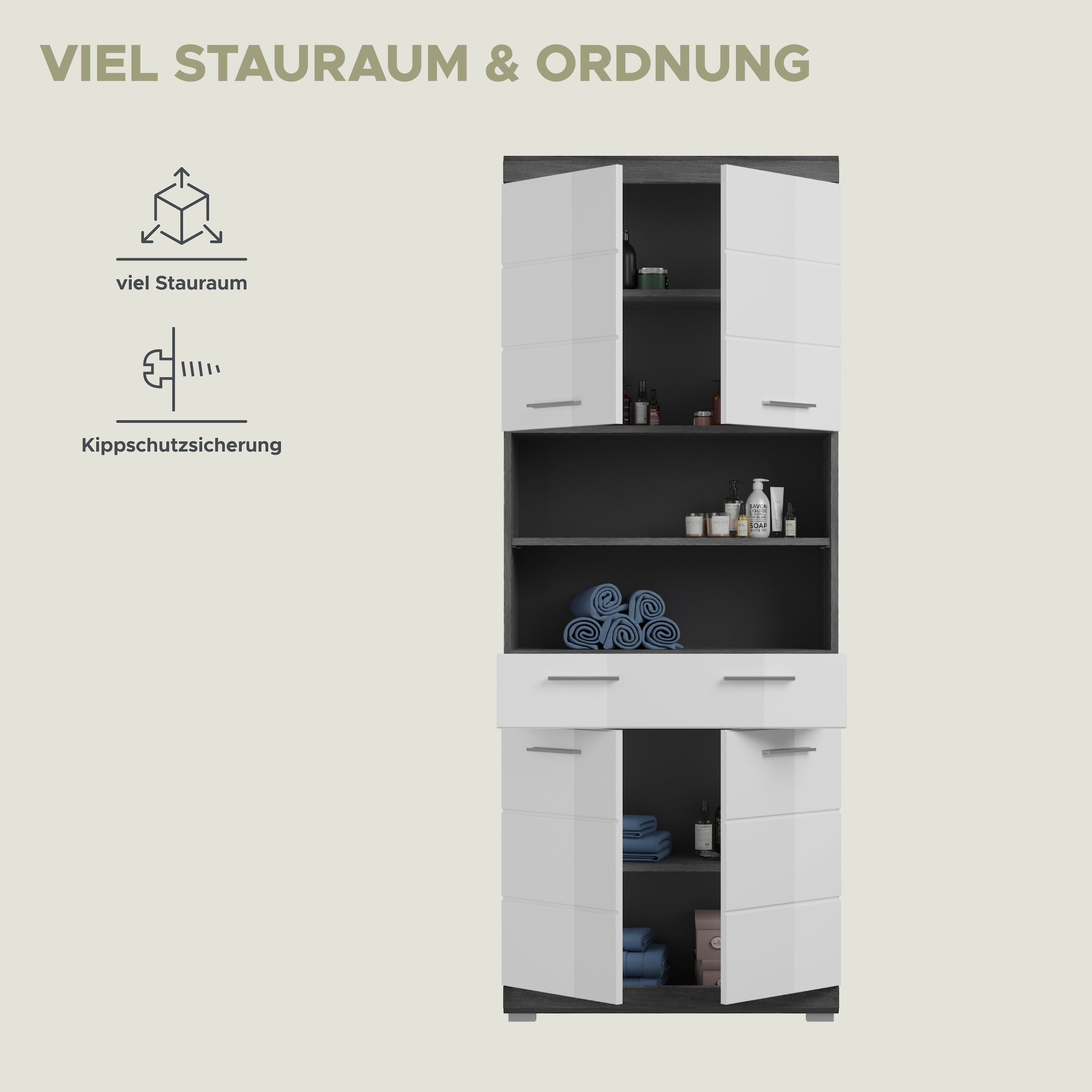 welltime Hochschrank »SIENA, Breite 74cm, 4 Türen, 1 Schubkasten, 2 offene Fächer, MDF-Front« TOPSELLER!,  in verschiedenen Farben erhältlich, Badmöbel, Badschrank, Schrank, Bad