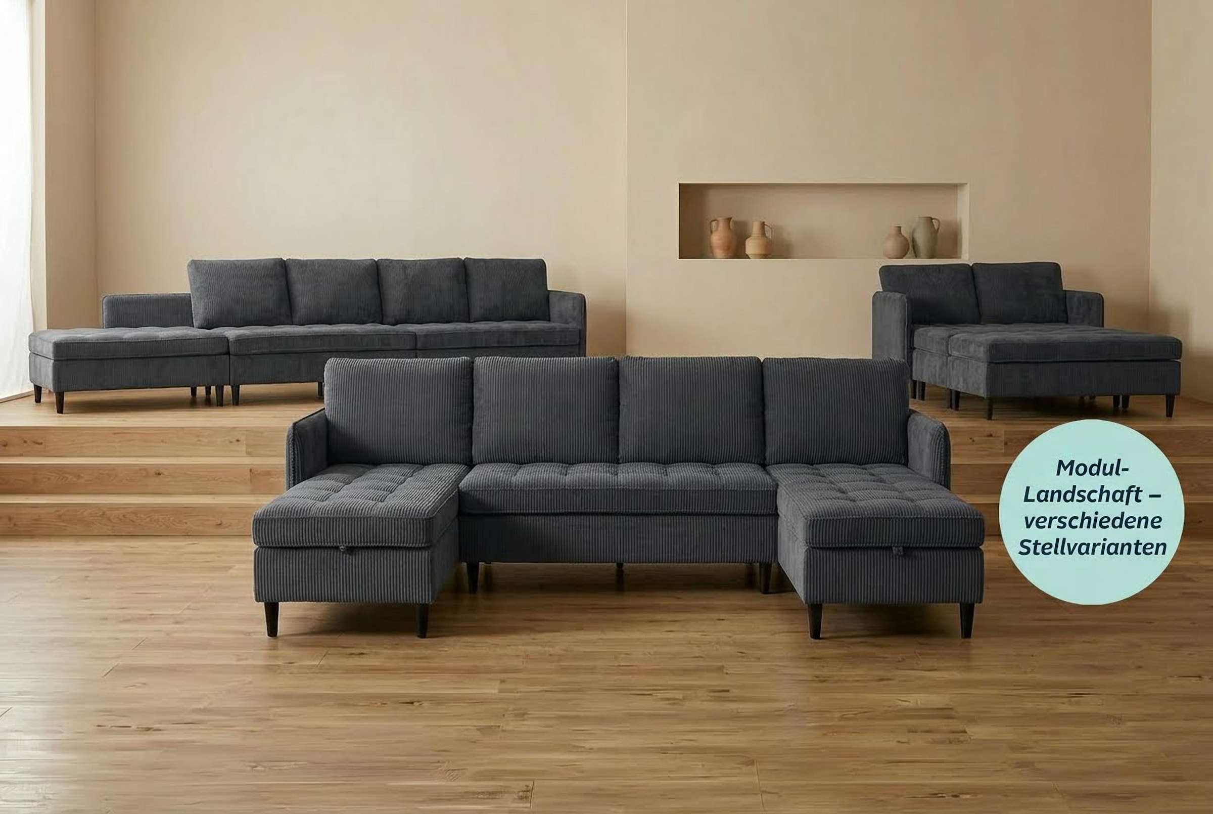 Image of Dorel Home Wohnlandschaft "LINDHUS, Cord, Modulsofa, verschiedene Stellvarianten" Breite als U-Form (254cm) mit Verbindern fixierbar, Recamiere,Stauraum