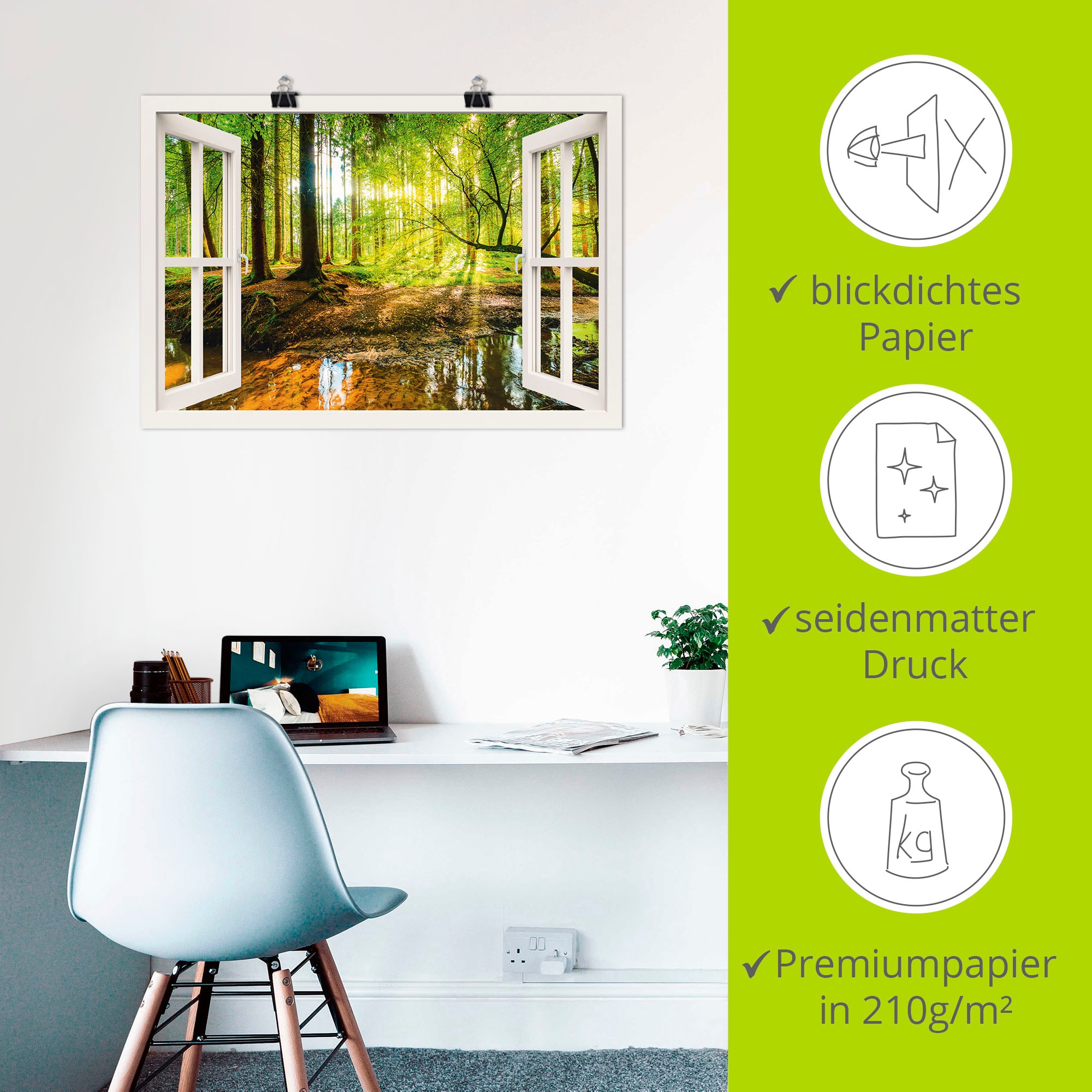 Artland Wandbild »Fensterblick - Wald mit Bach« Wald 1 Stk. tlg. als Leinwandbild, Poster in verschied. Grössen