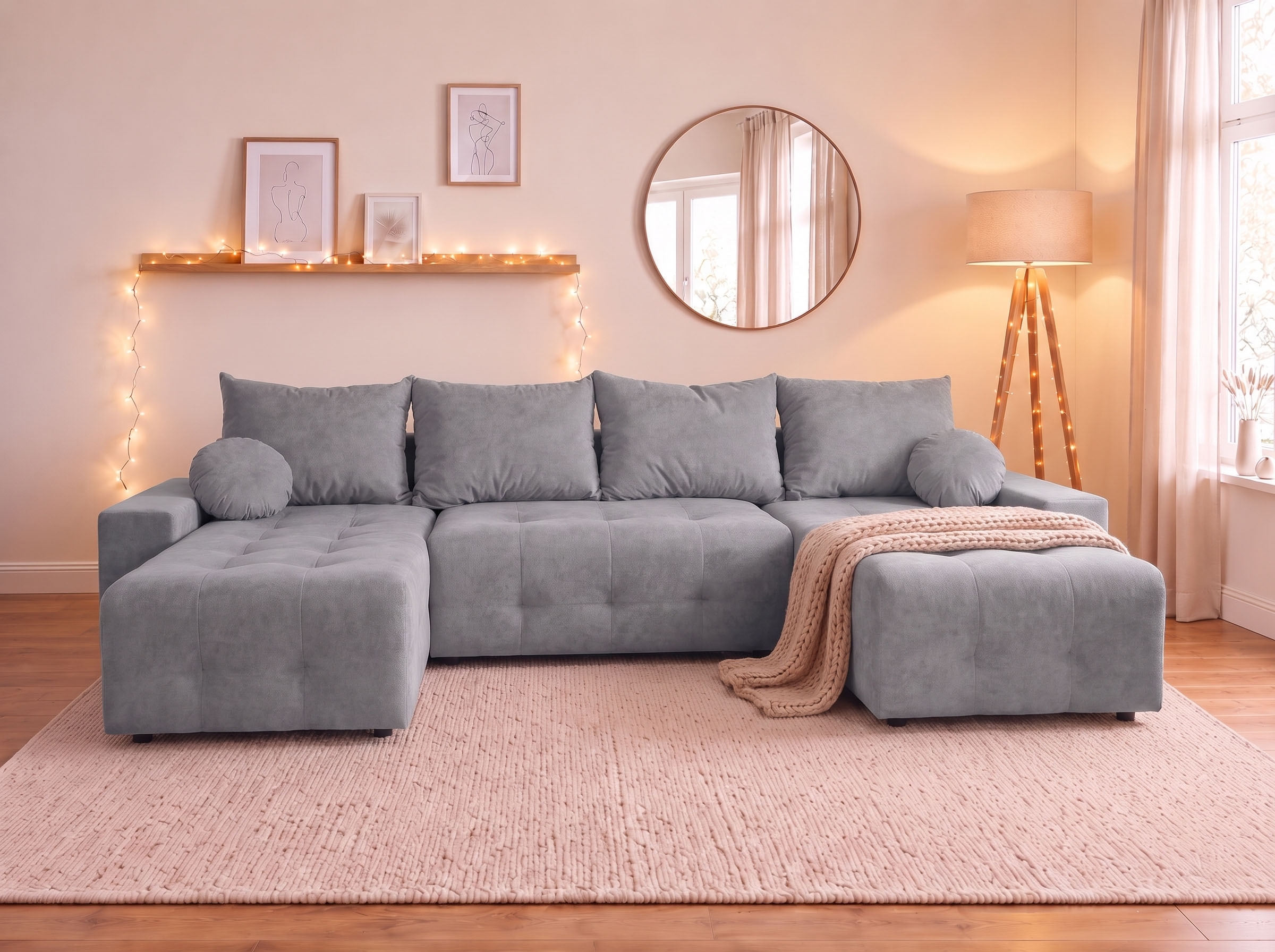 GOODproduct Paysage de salon »Jessy U-Form, B: 313 cm, in Cord & weiteren Bezügen« Fonction couchage, coffre de lit, rembourrage ressorts ensachés