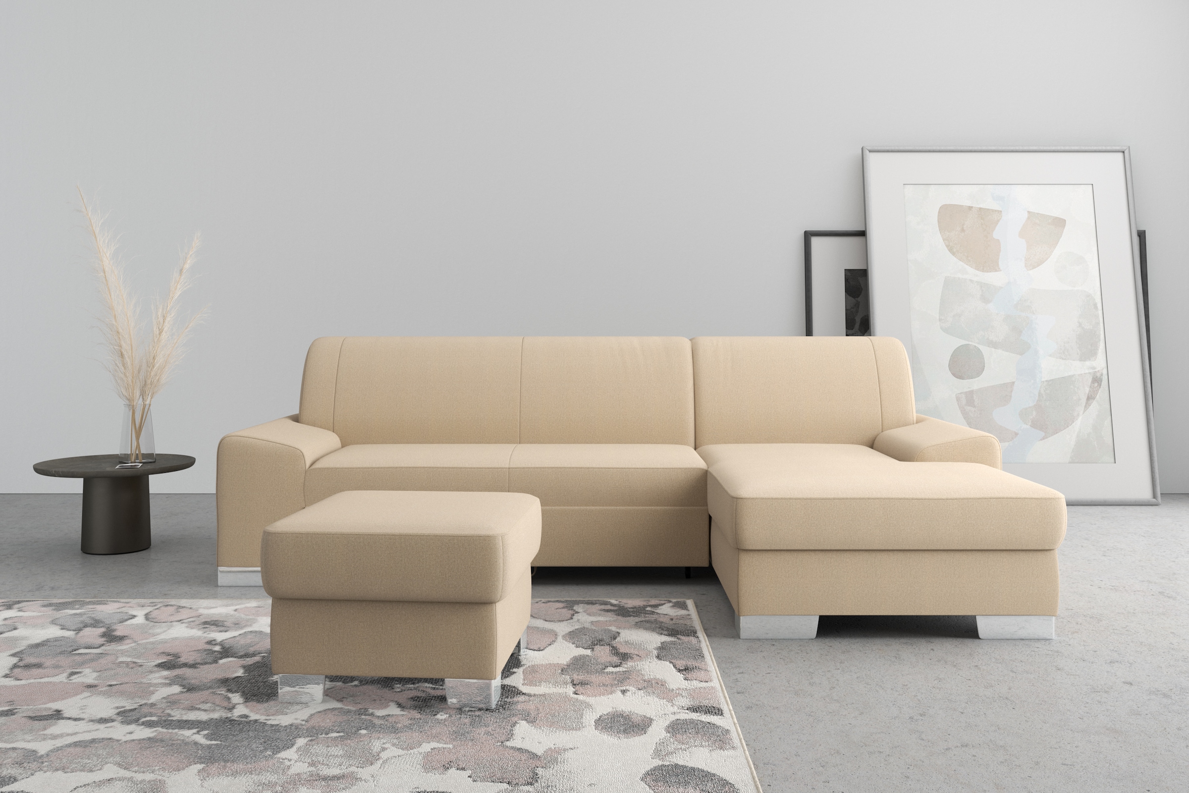 Image of DOMO collection Ecksofa "Anzio L-Form, whlw. Bettfunktion, Federkern, hochwertig, Breite 271 cm" Mit Bettfunktion, Recamiere rechts, Chenille-Struktur, cappucino